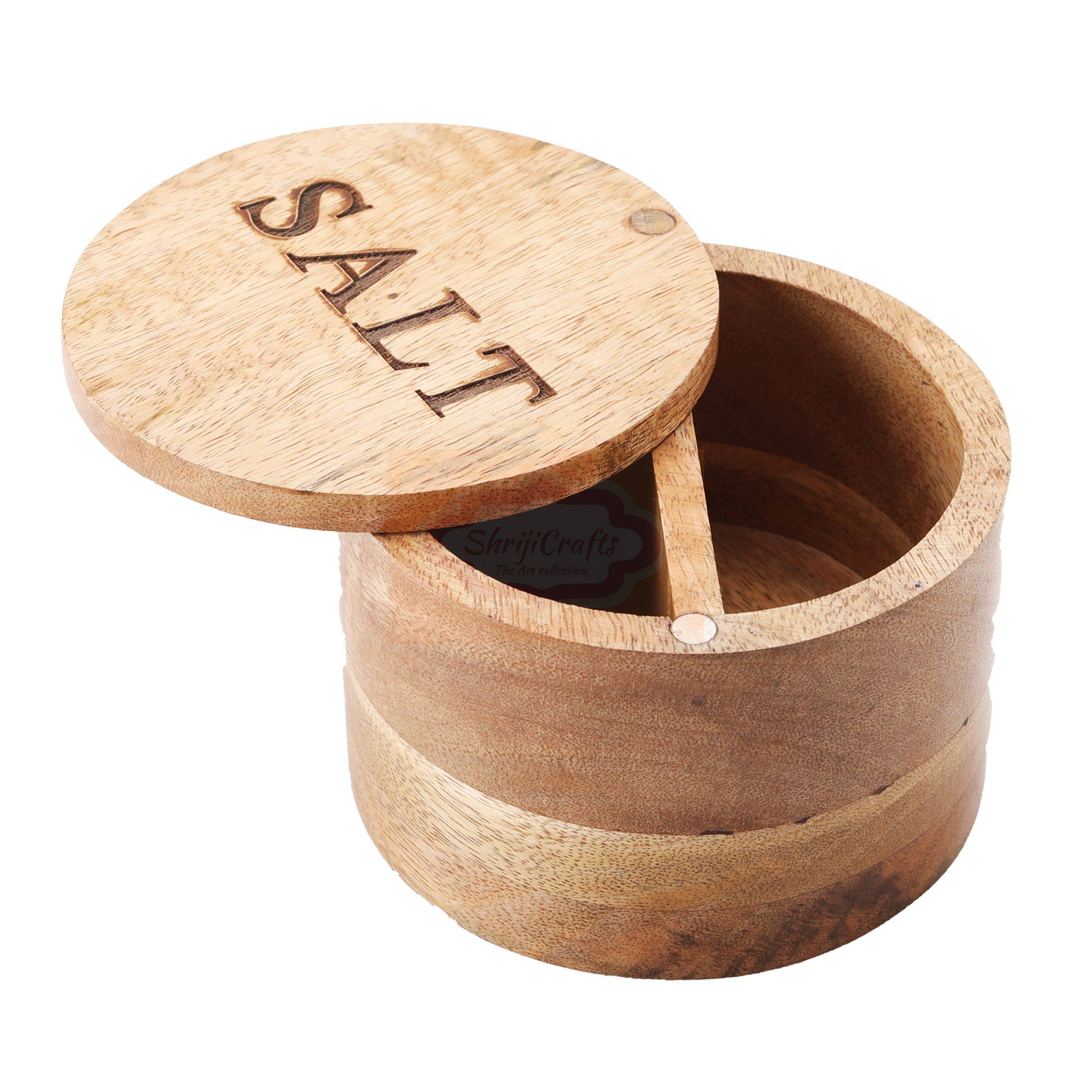 Handcrafted wooden salt box with a matching lid and spoon - View 5