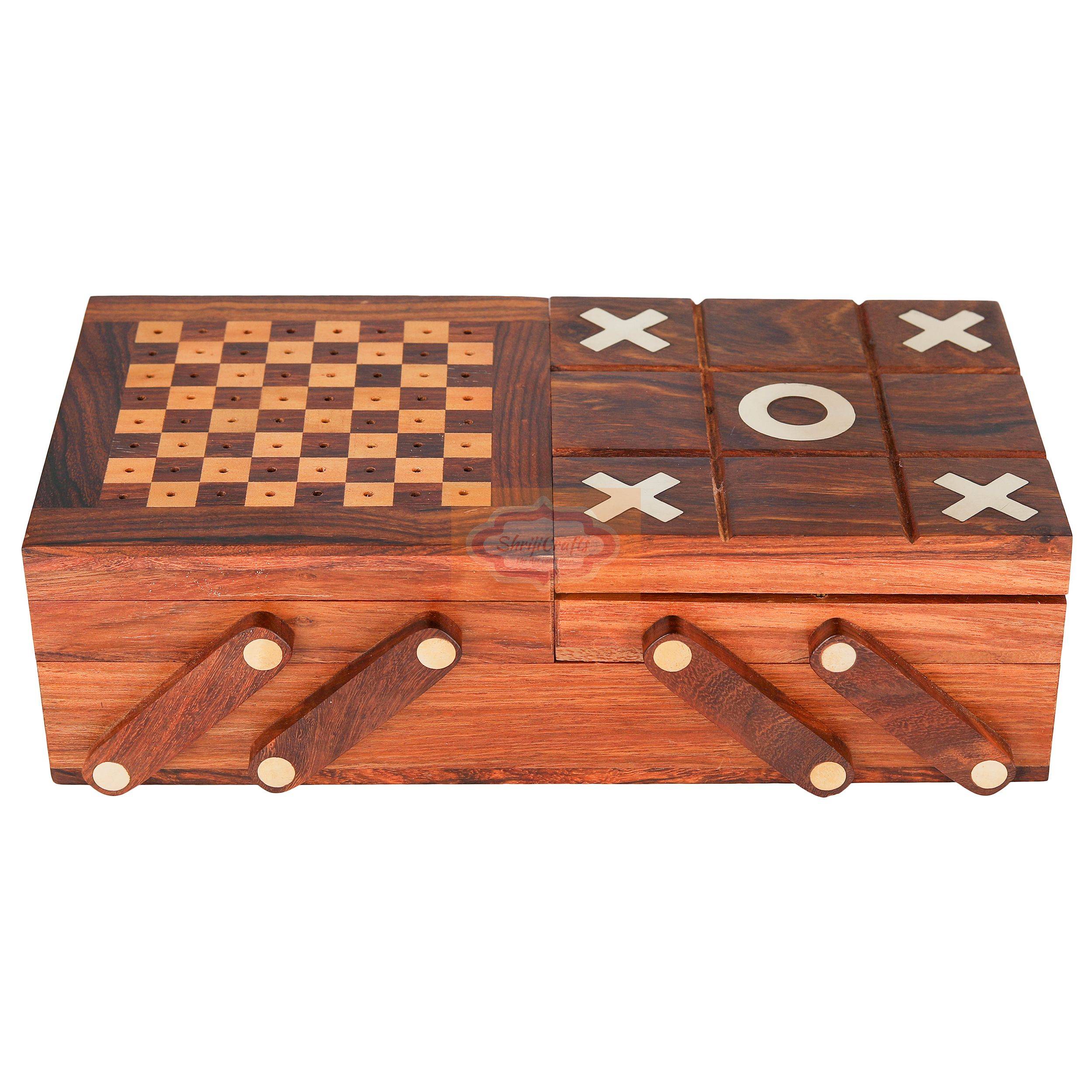 Handcrafted 4-in-1 wooden game set featuring Chess, Tic Tac Toe, Playing Cards, and Dice - View 4