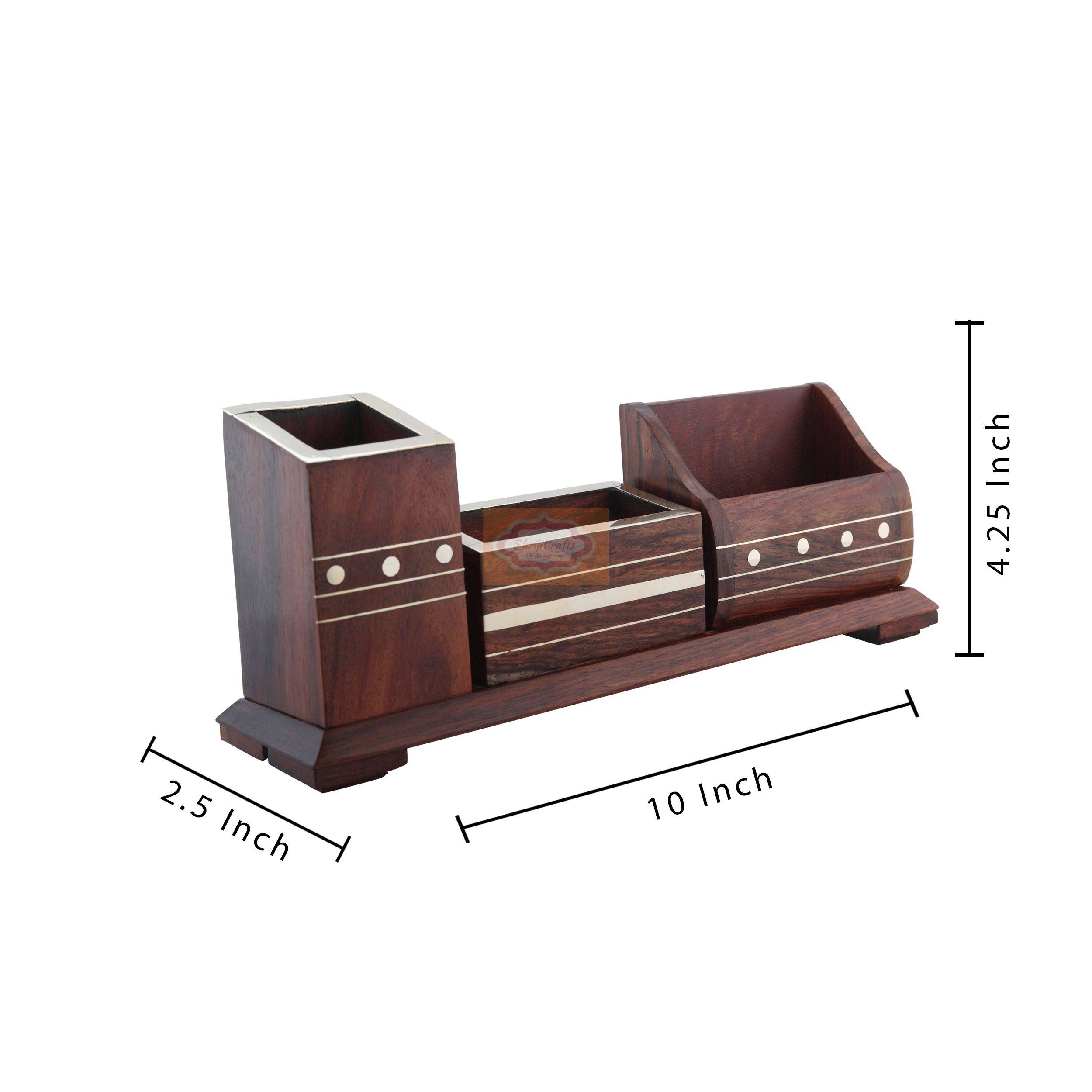Handcrafted wooden desk organizer with pen holder, mobile stand, and visiting card holder - View 6