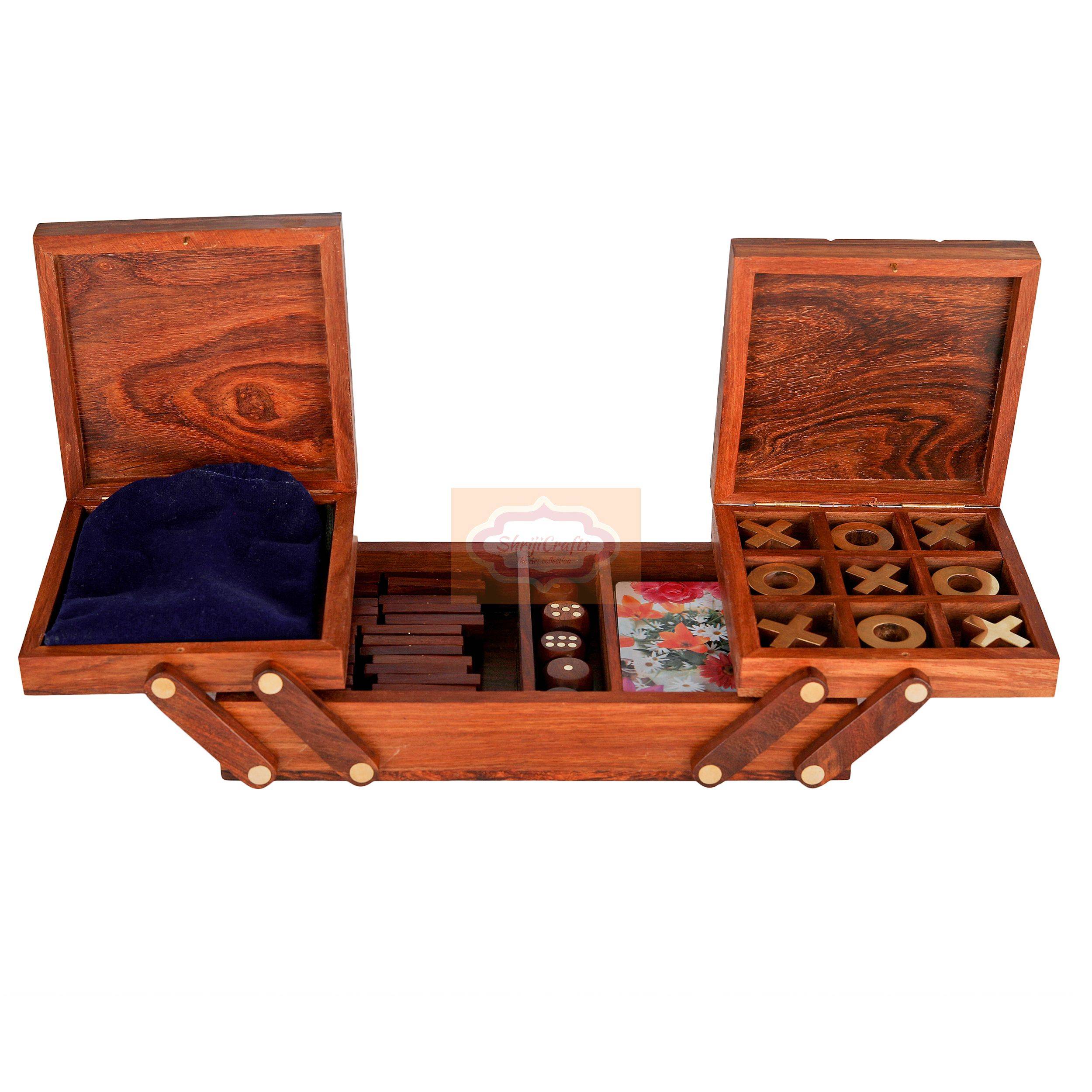 Handcrafted 4-in-1 wooden game set featuring Chess, Tic Tac Toe, Playing Cards, and Dice - View 3