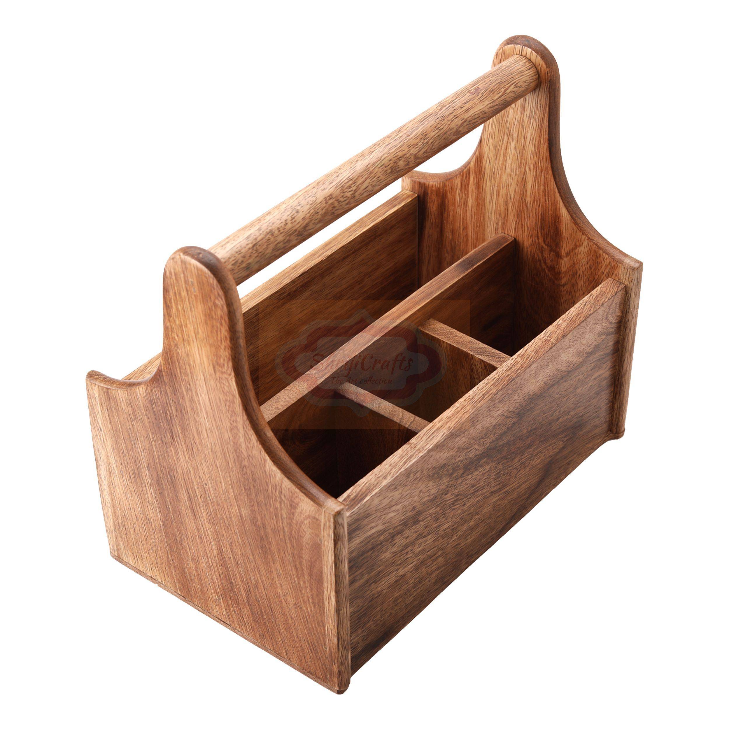 Handcrafted wooden storage basket with a sturdy carrying handle and multiple compartment - View 4