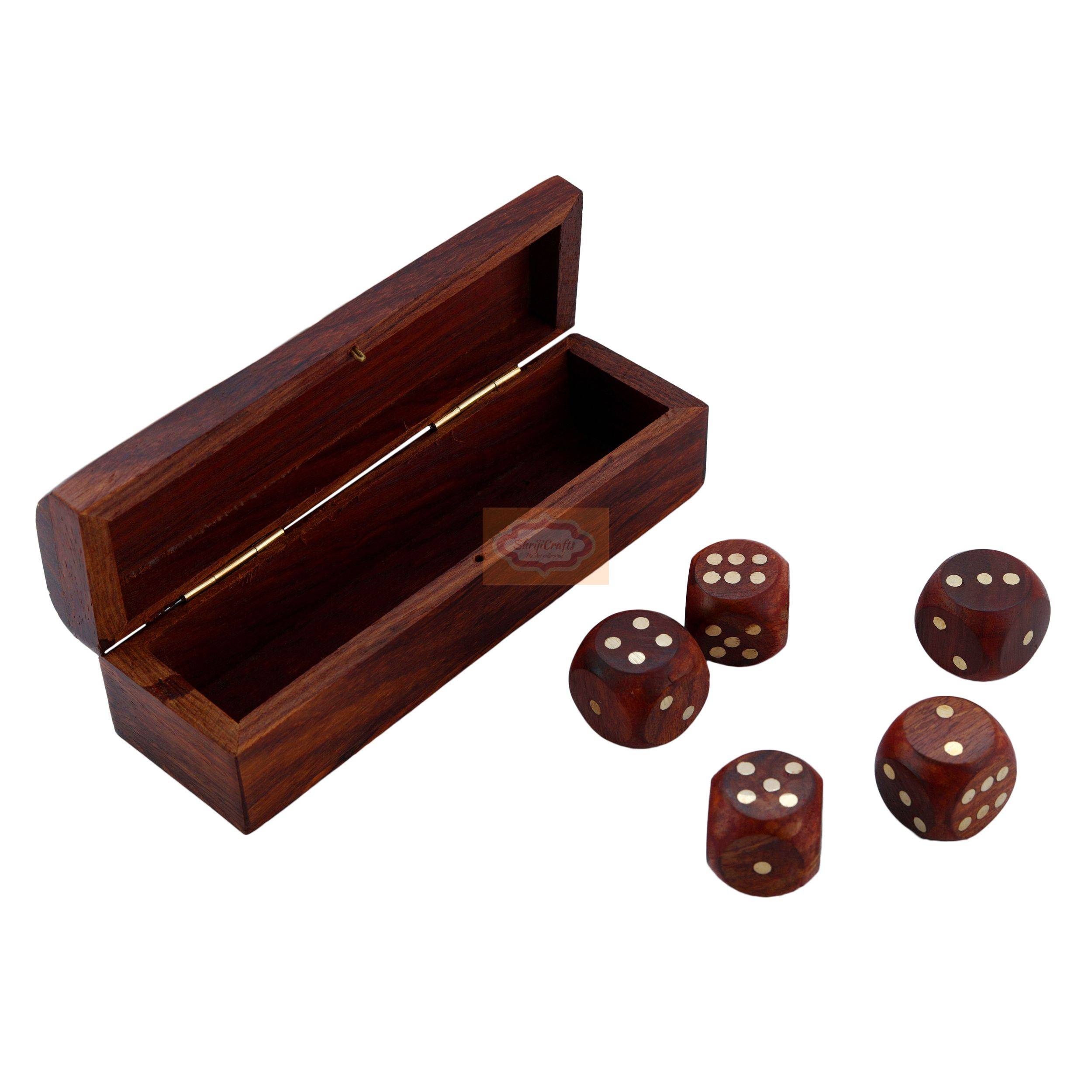 Handcrafted wooden dice box complete with 5 premium playing dice - View 2