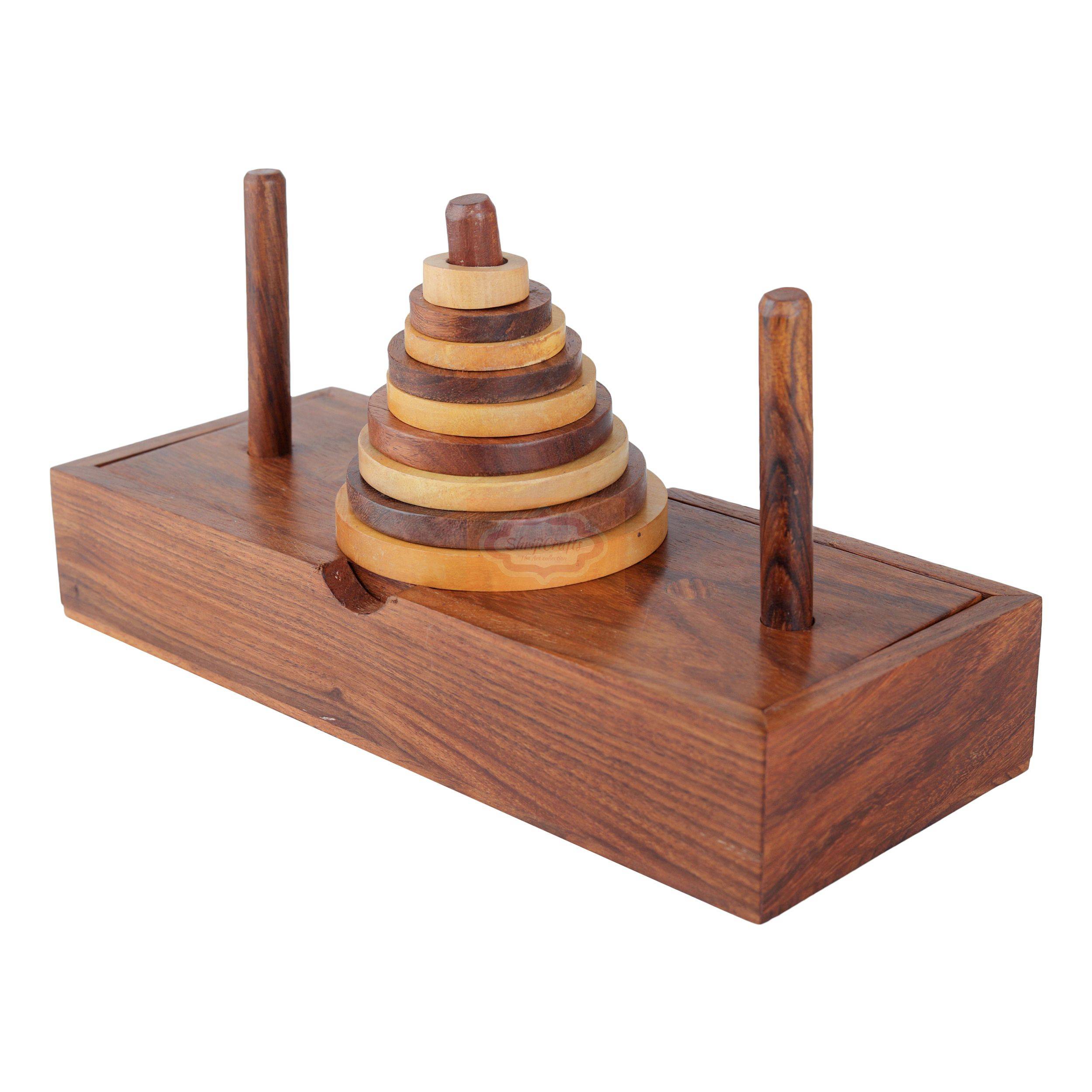 Handcrafted wooden Tower of Hanoi puzzle with 9 discs, 3 rods, and a wooden storage box - View 3