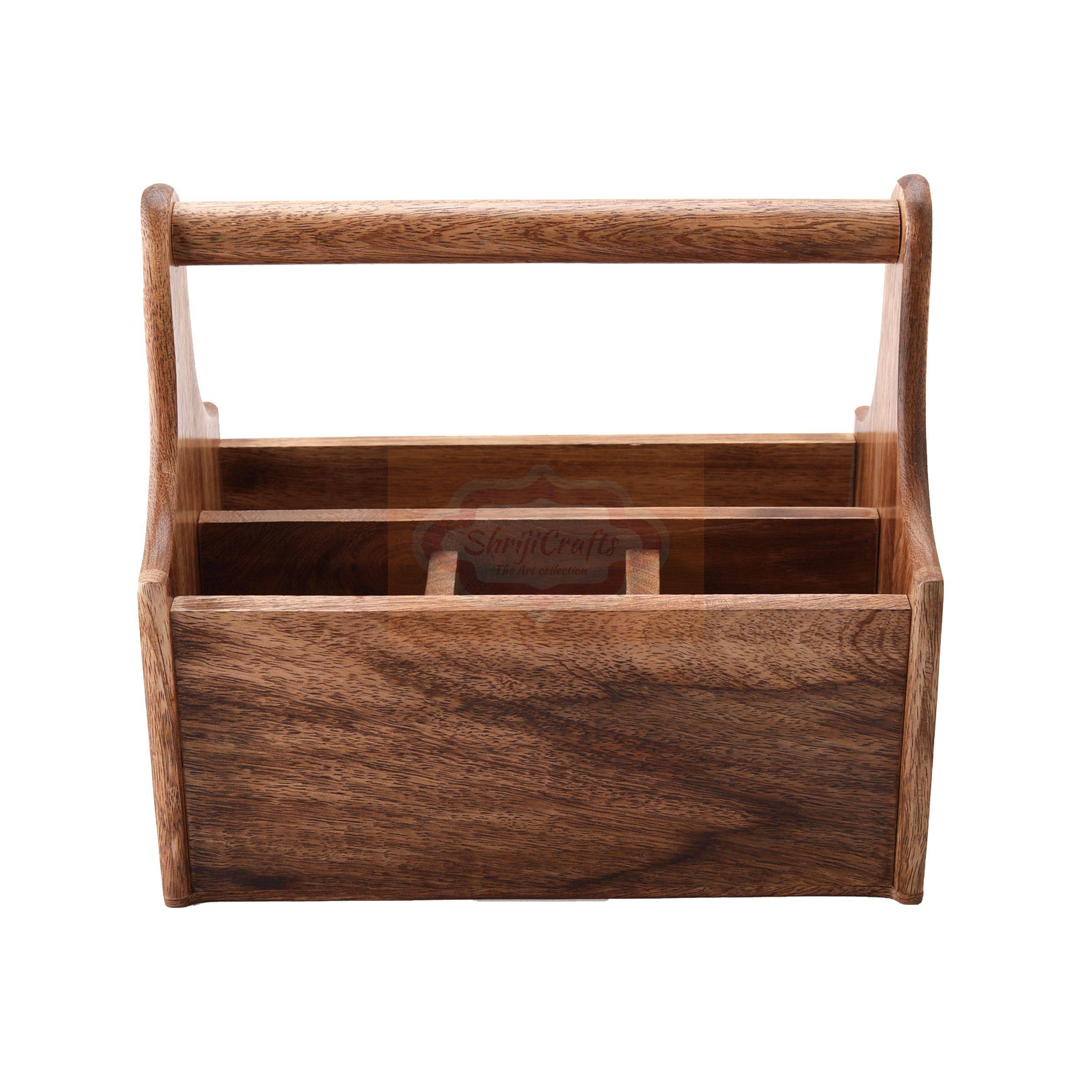 Handcrafted wooden storage basket with a sturdy carrying handle and multiple compartment - View 3