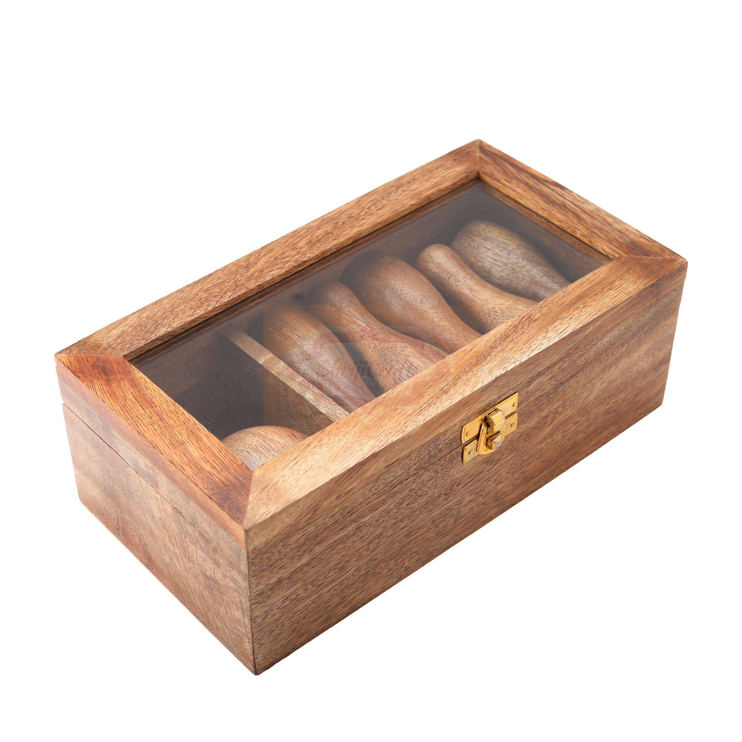 Handcrafted wooden mini bowling game set with a premium glass lid storage box — handcrafted wooden product by Shrijicrafts
