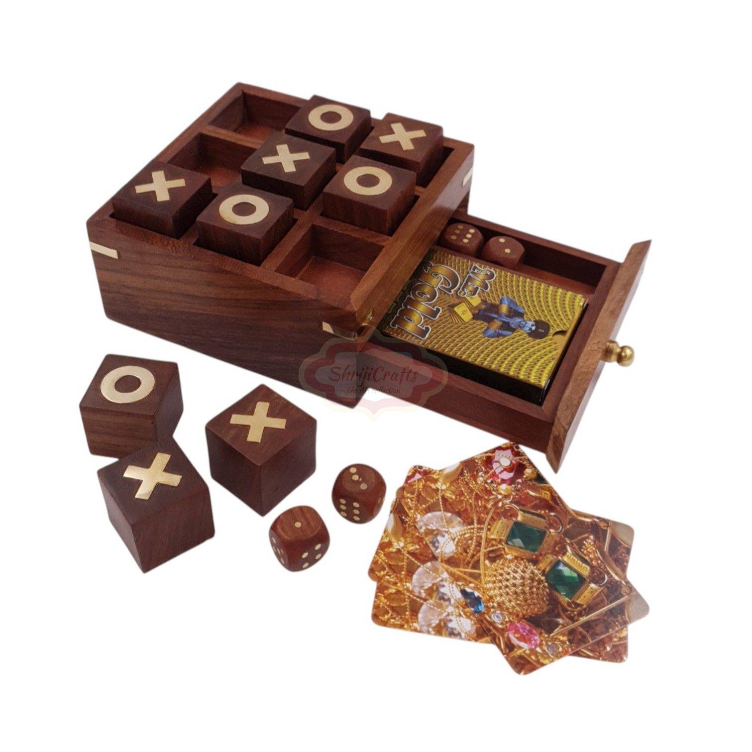 Handcrafted 3-in-1 wooden game box featuring Tic Tac Toe, playing card storage, and 5 dice storage - View 7