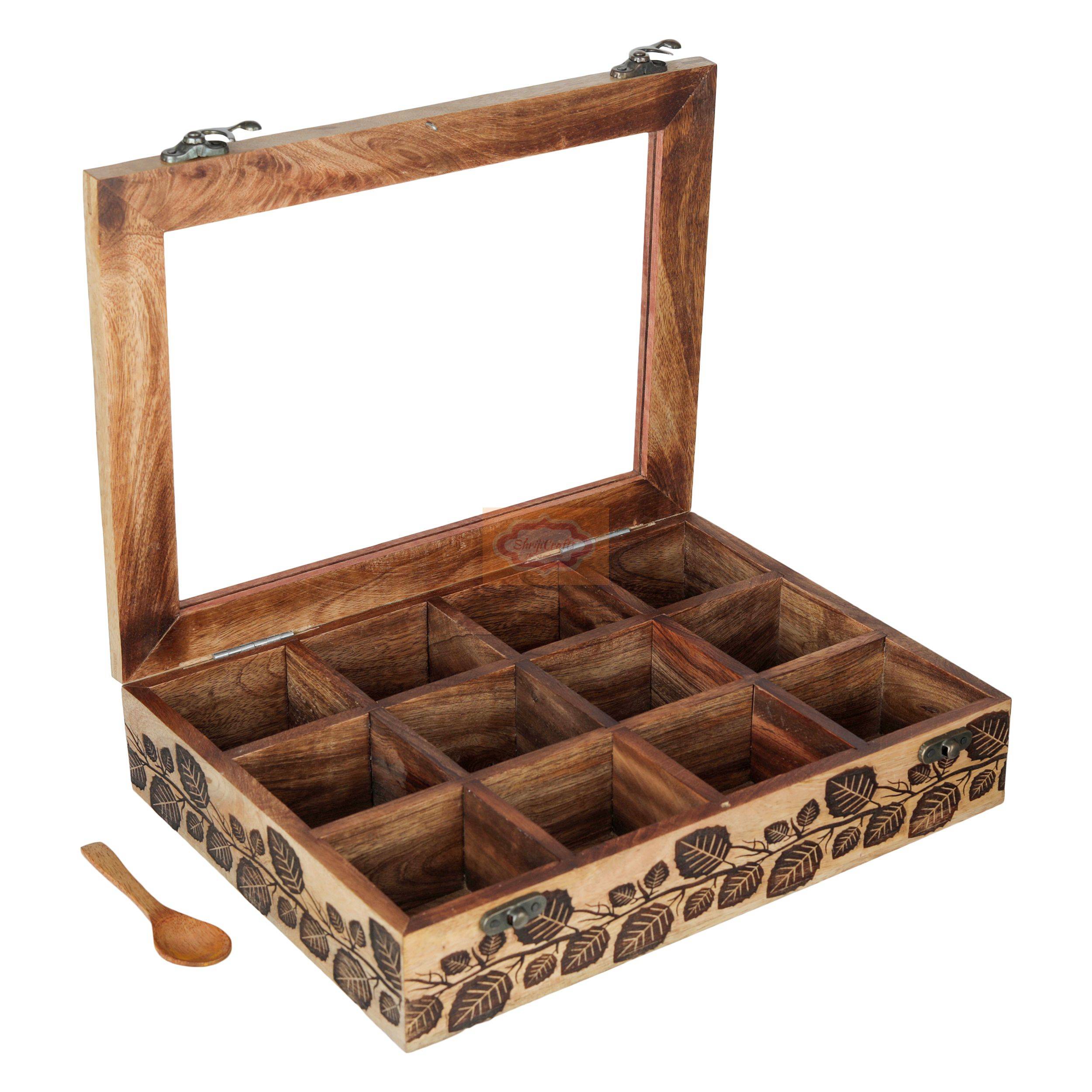 Handcrafted wooden masala box with a transparent glass lid and elegant carved detailing - View 4