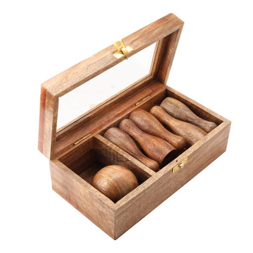 Handcrafted wooden mini bowling game set with a premium glass lid storage box