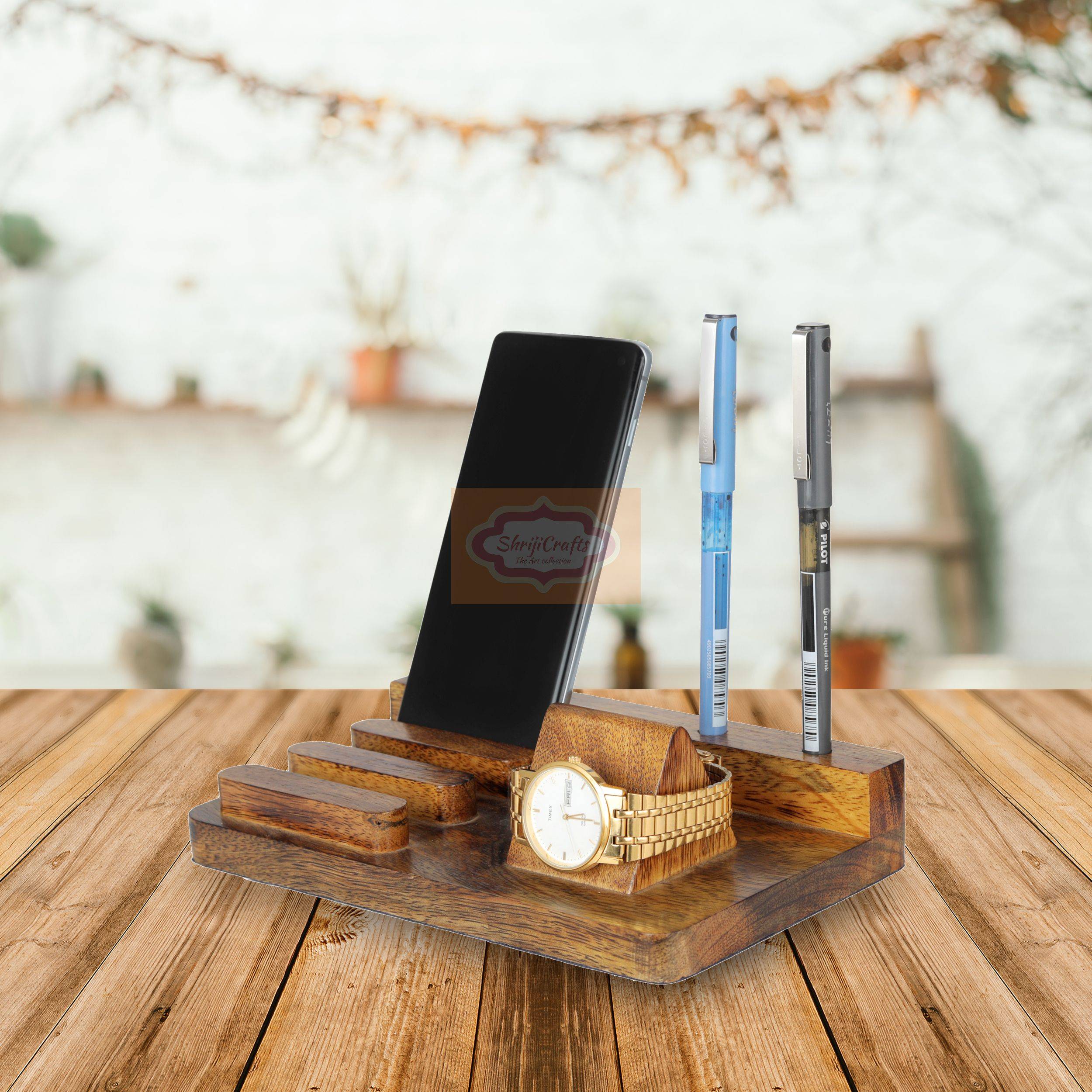 Handcrafted wooden organizer for your mobile phone watch pens and everyday essentials - View 2