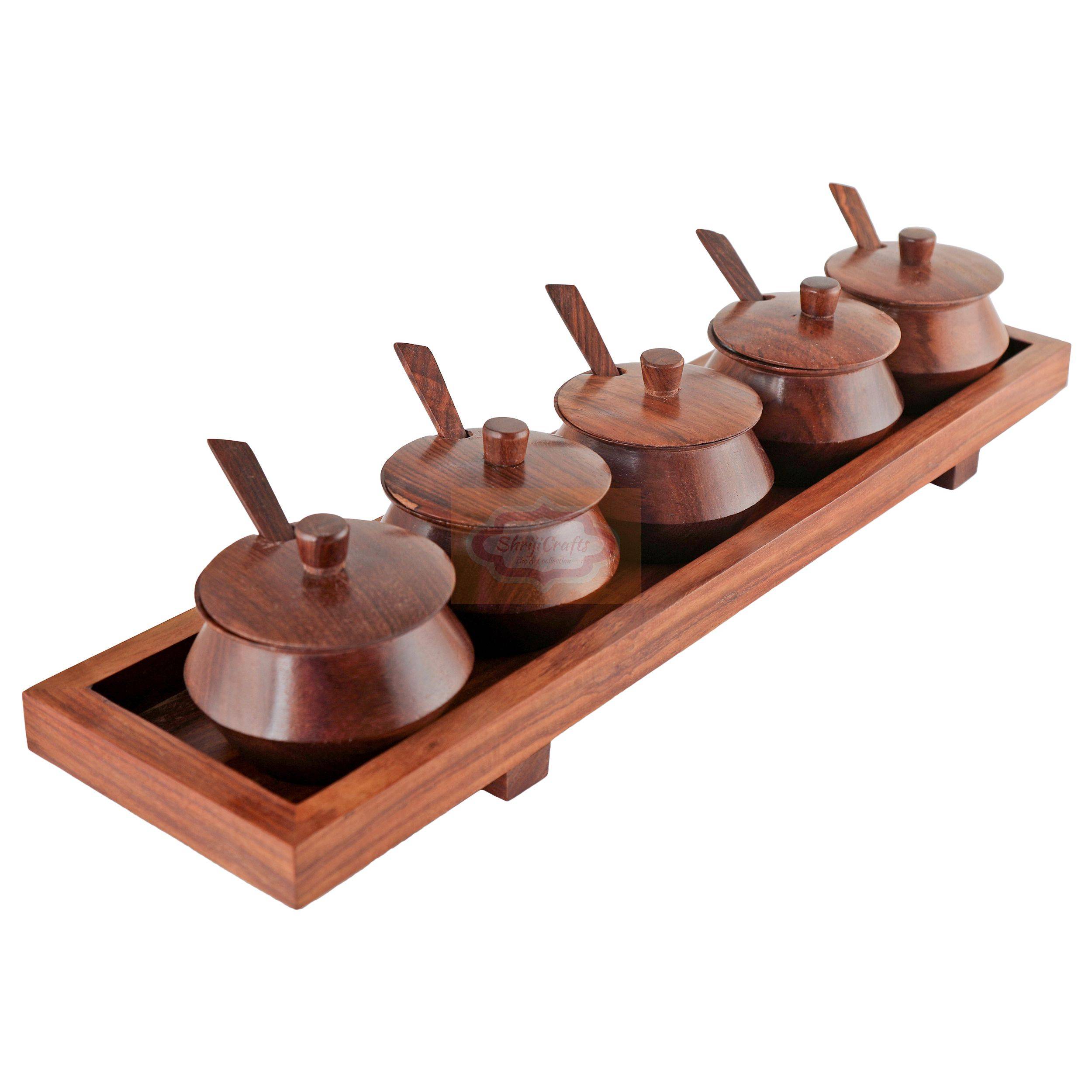 Handcrafted multicolor wooden mukhwas container set with 5 bowls, matching spoons, and a serving tray - View 2