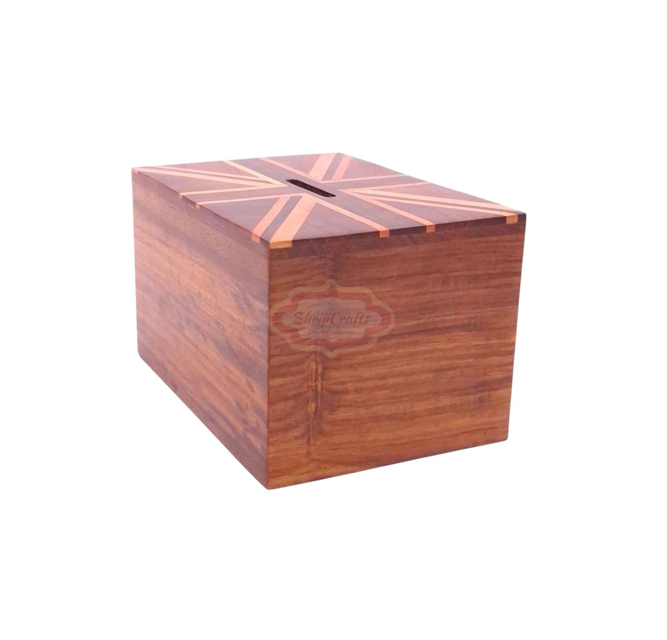 Handcrafted wooden money bank with a coin slot, secure lock, and key - View 3