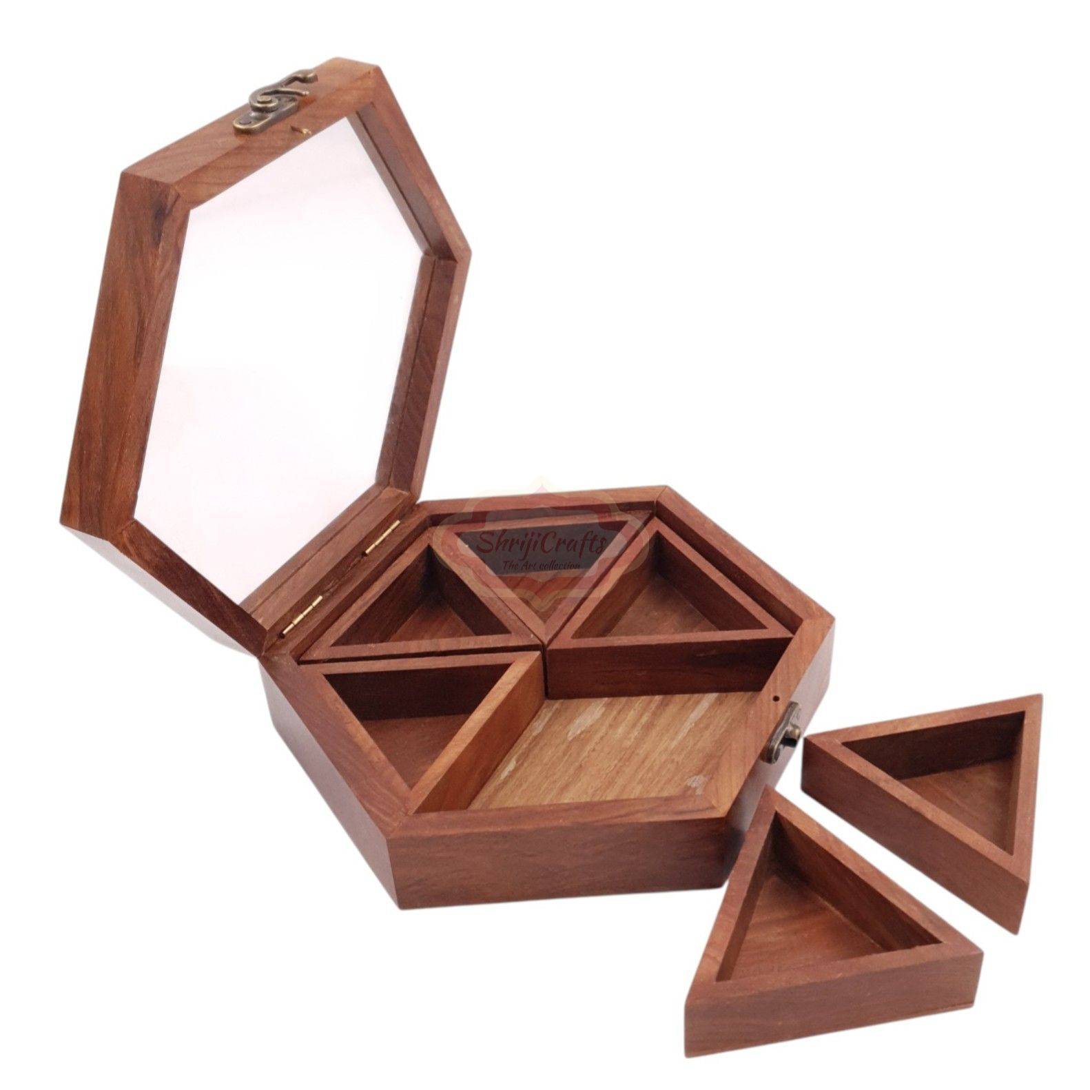 Handcrafted hexagon wooden spice box with 6 spacious compartments and a glass lid - View 3