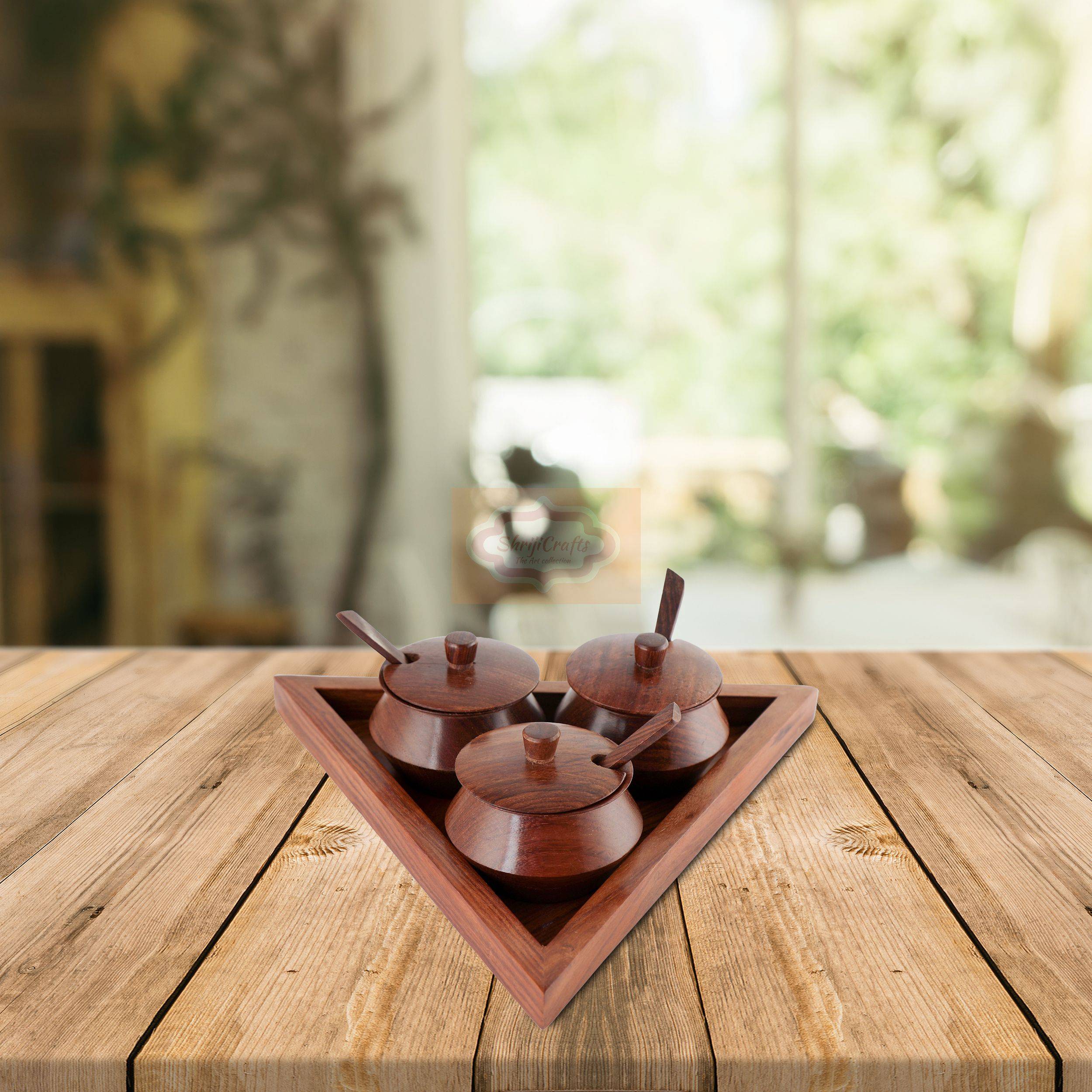 Handcrafted multicolor wooden mukhwas container set with 3 bowls, matching spoons, and a stylish triangle serving tray - View 5