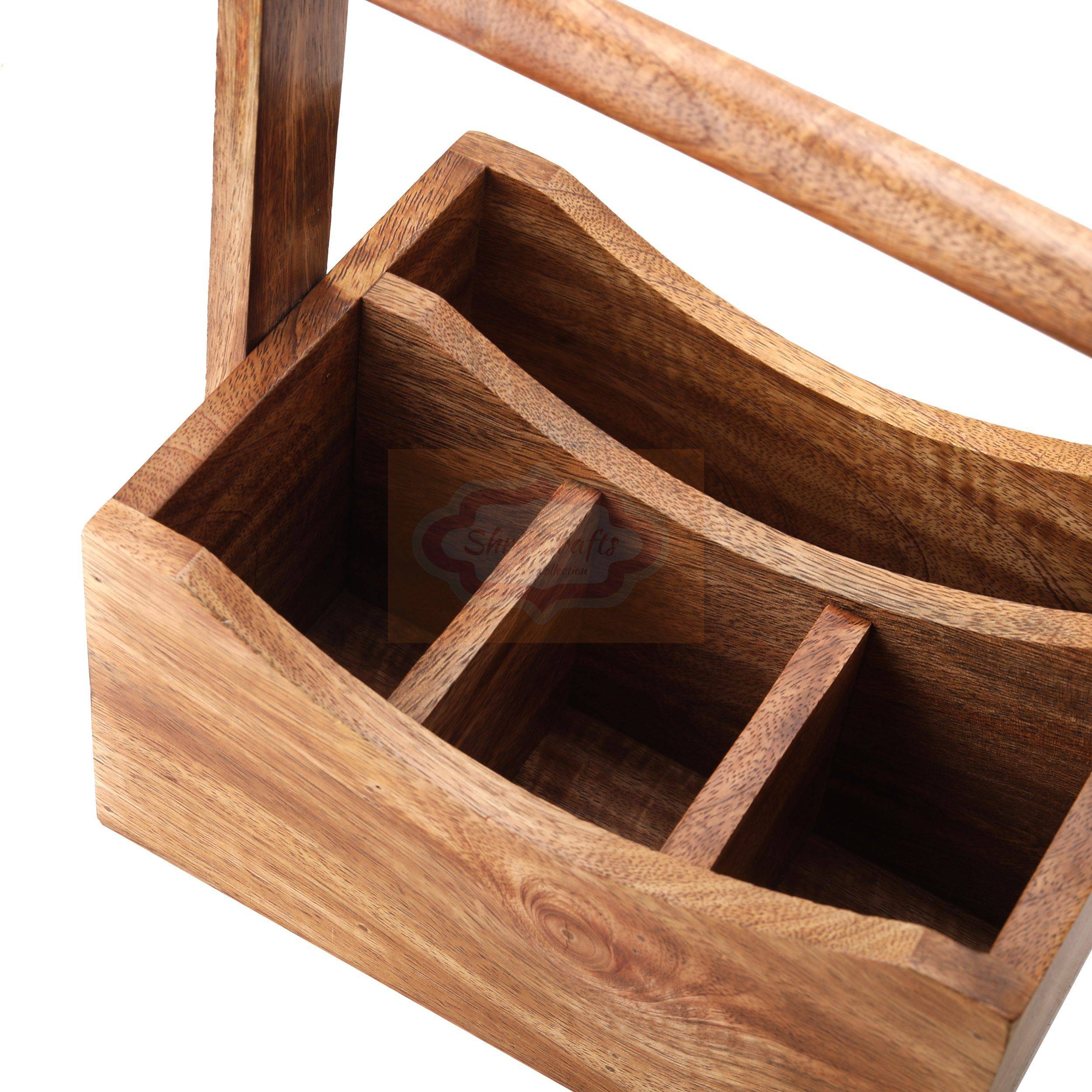 Handcrafted wooden storage basket with a sturdy carrying handle and multiple compartment - View 5
