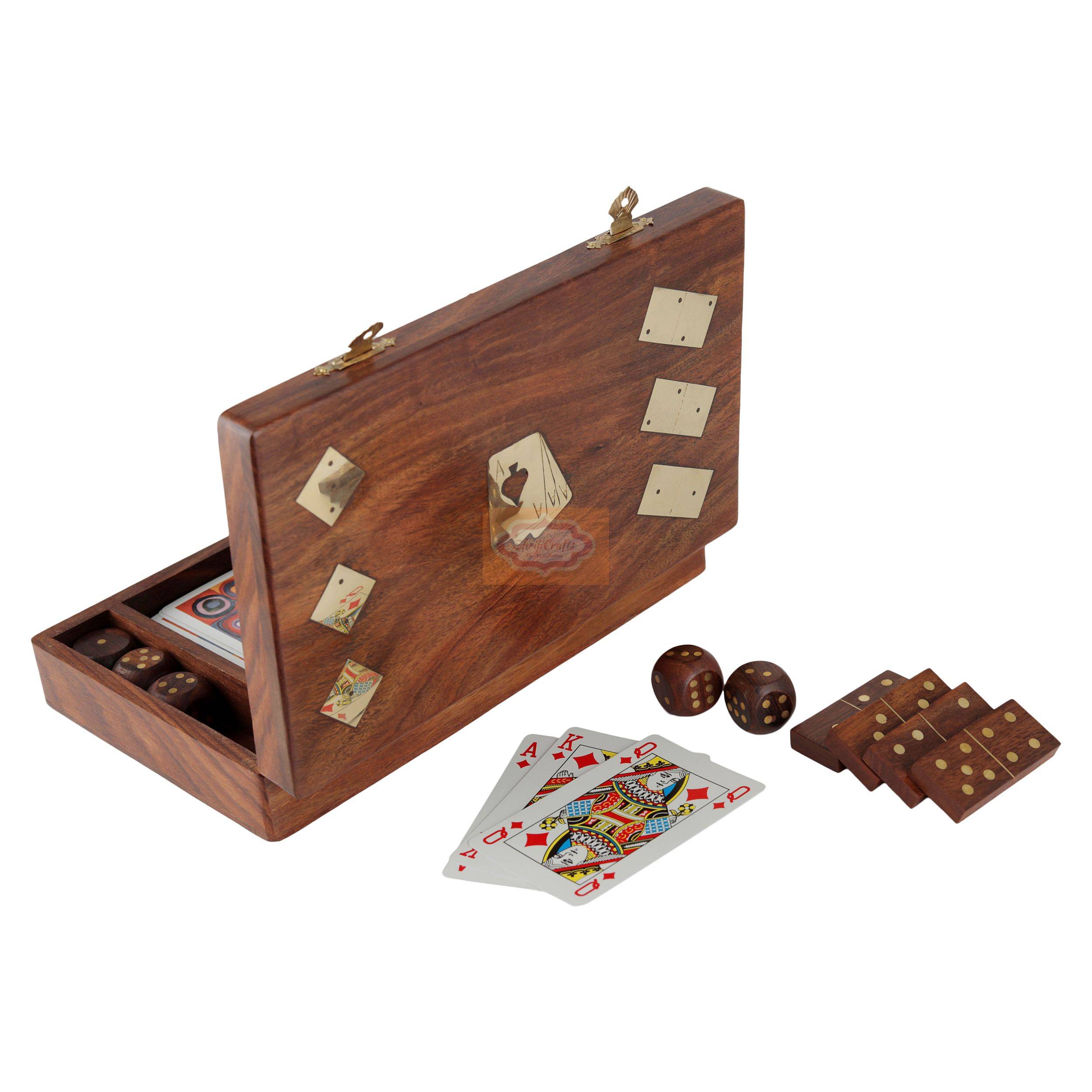 Handcrafted wooden game box with playing cards, dominoes, and wooden dice - View 2