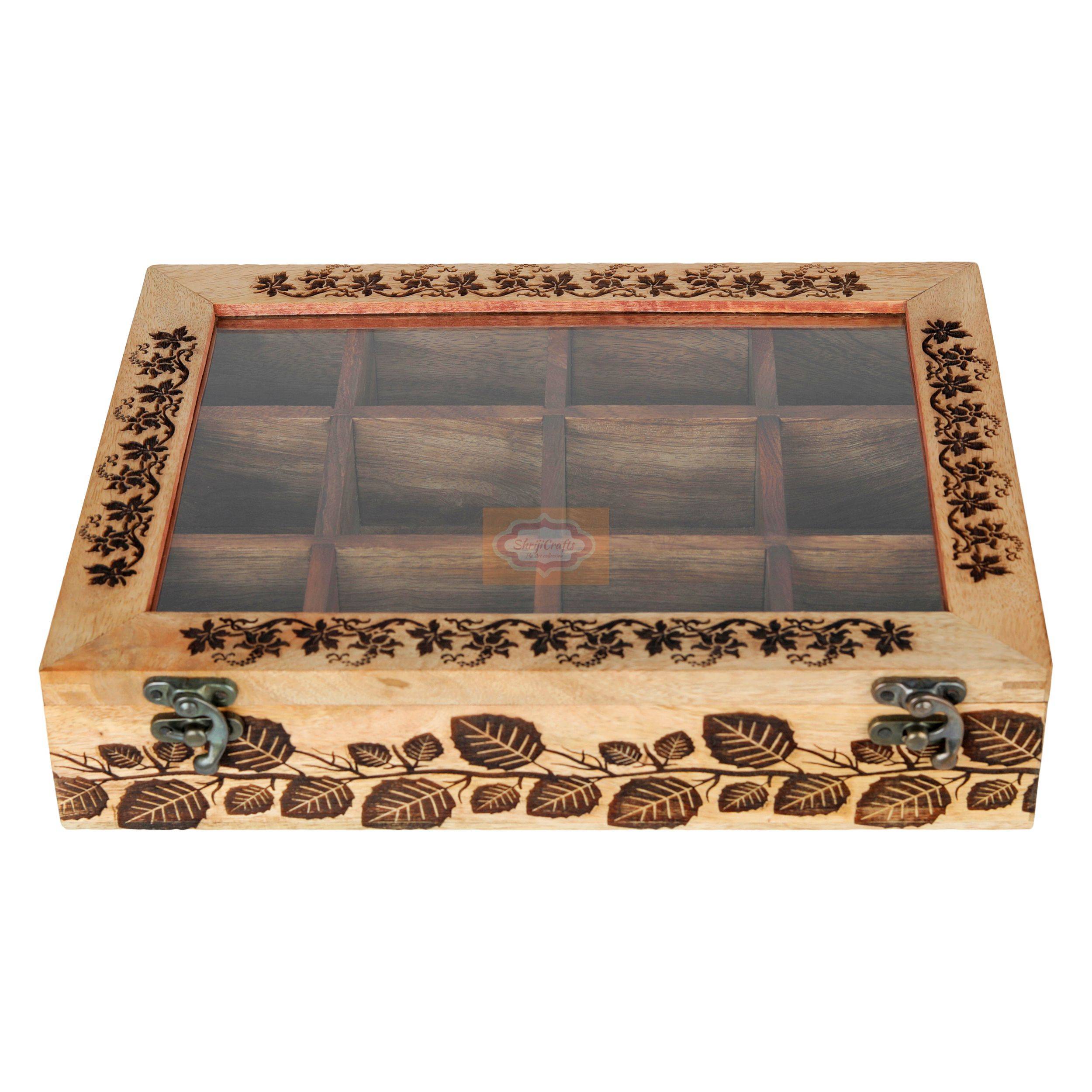Handcrafted wooden masala box with a transparent glass lid and elegant carved detailing - View 5