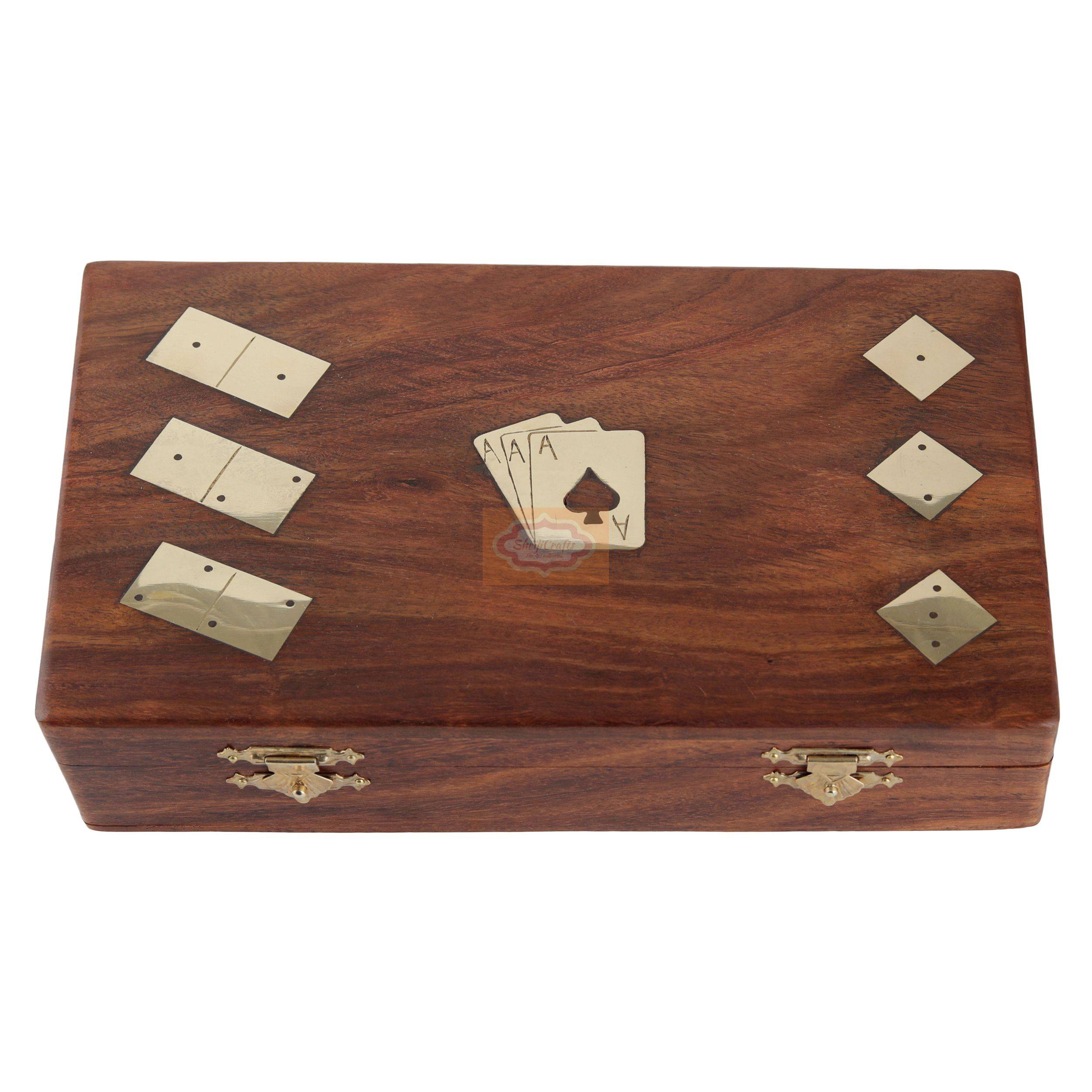 Handcrafted wooden game box with playing cards, dominoes, and wooden dice - View 5