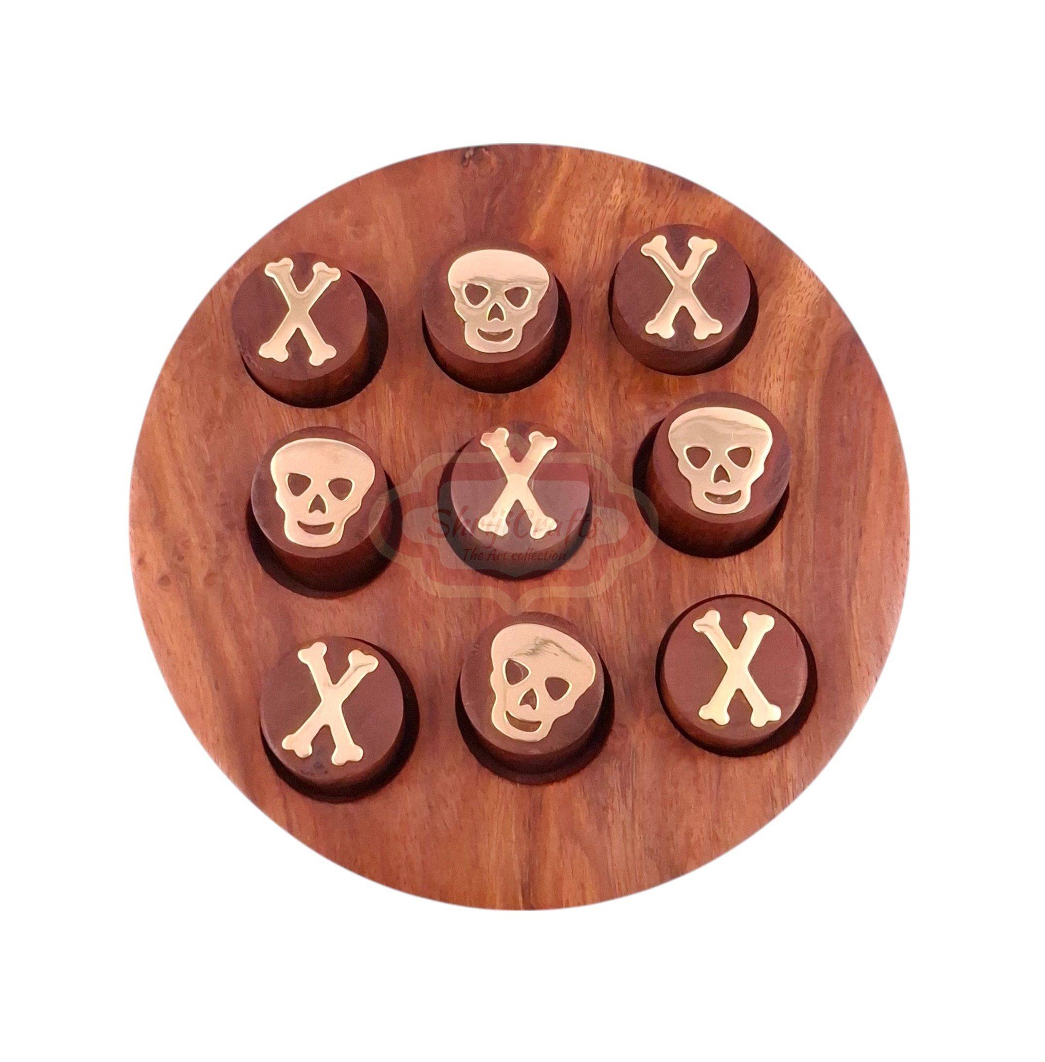 Handcrafted round wooden Tic Tac Toe game with unique Skull & Bone playing pieces - View 3