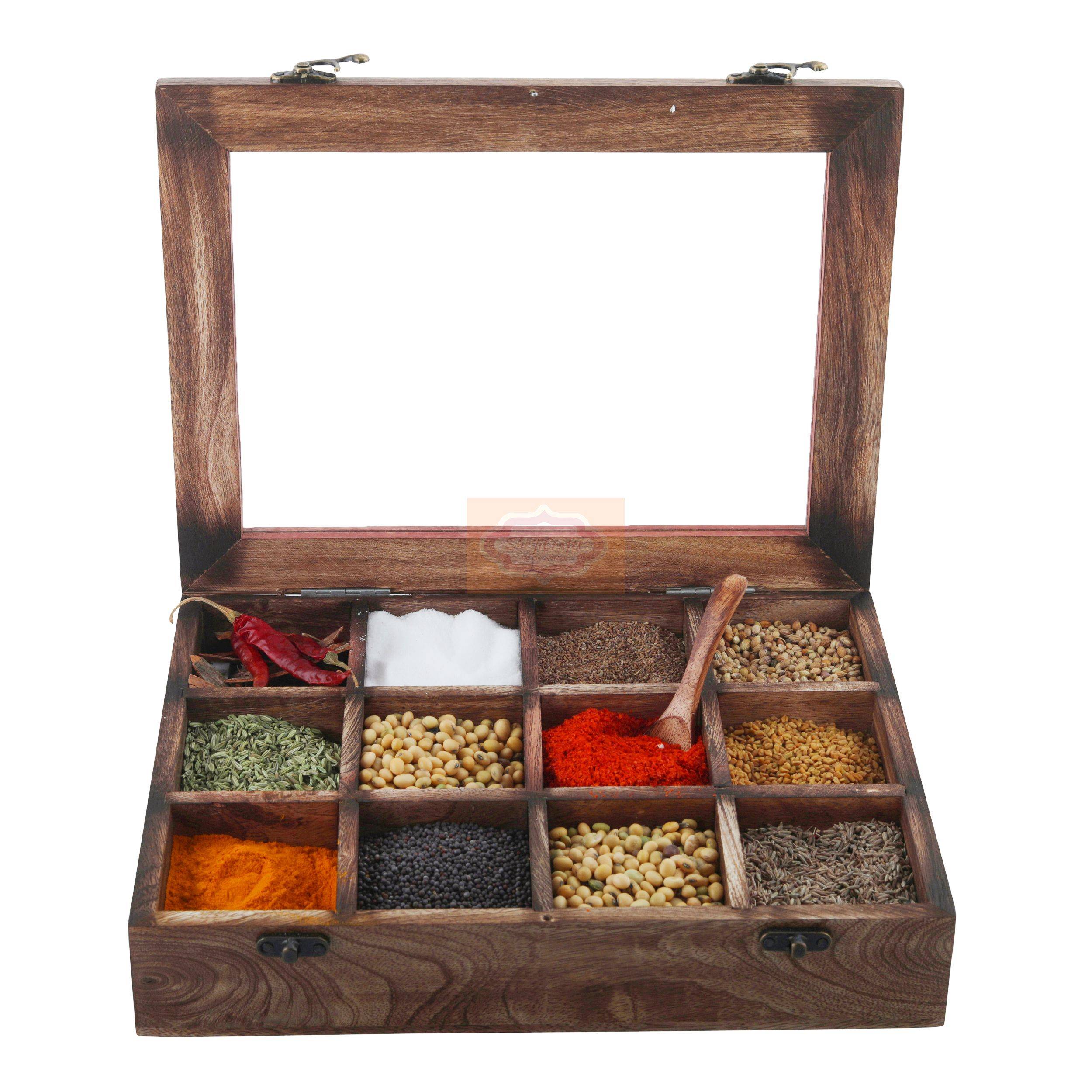 Handcrafted Mango Wood Spice Box with spoon - View 3