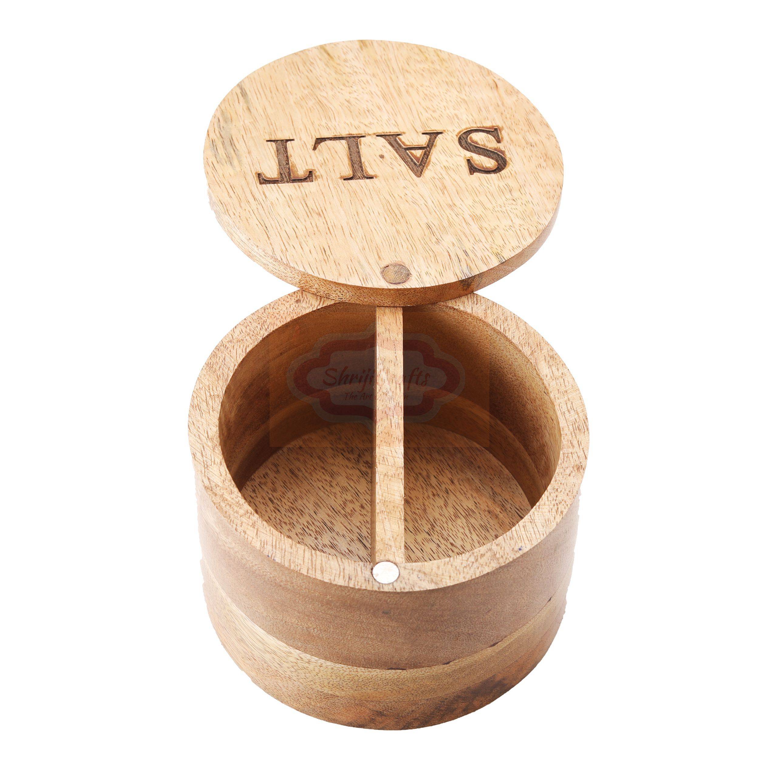 Handcrafted wooden salt box with a matching lid and spoon - View 6