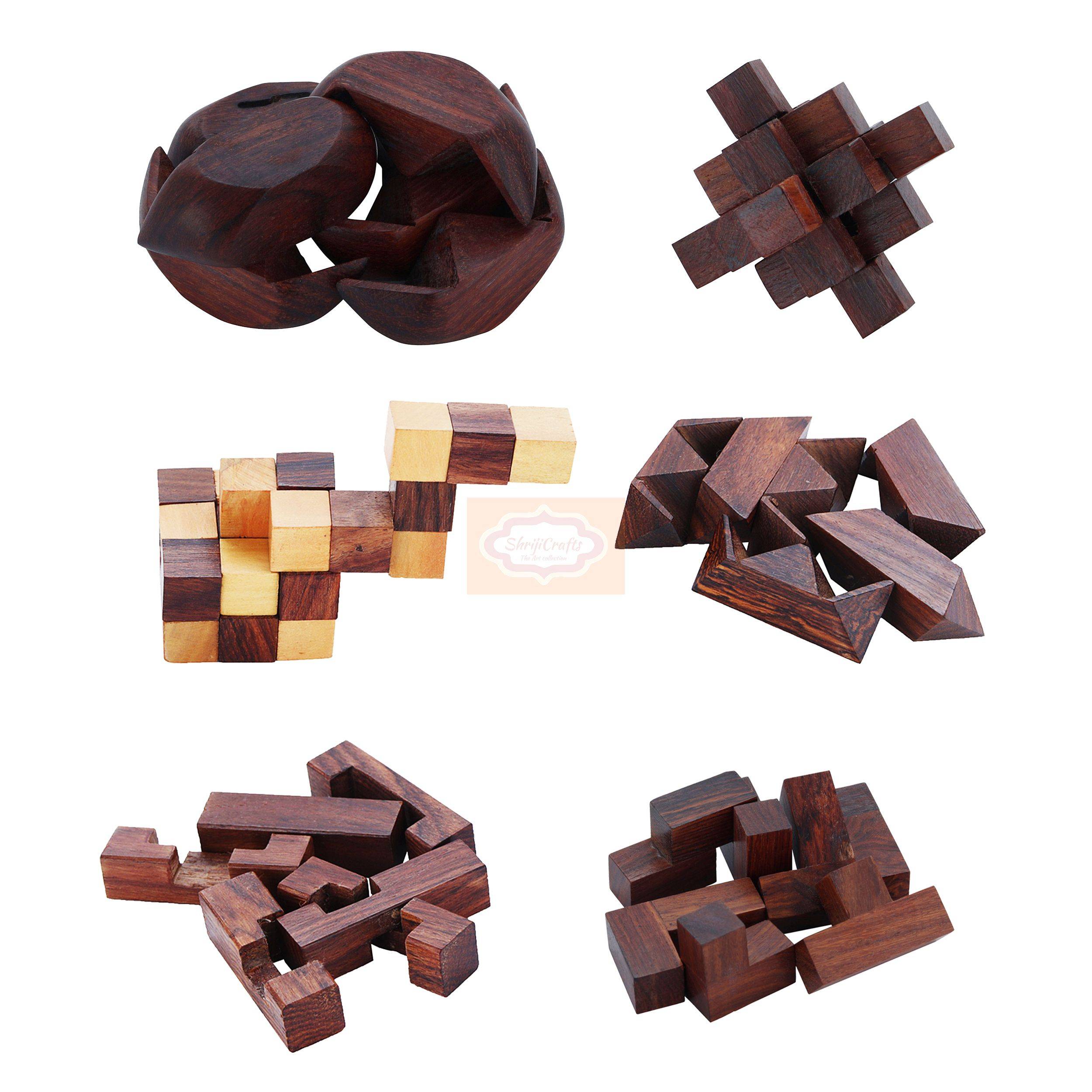 Wooden 3D Puzzle Set Six-in-One Puzzle Set: Includes a variety of challenging 3D wooden puzzles in one box — handcrafted wooden product by Shrijicrafts