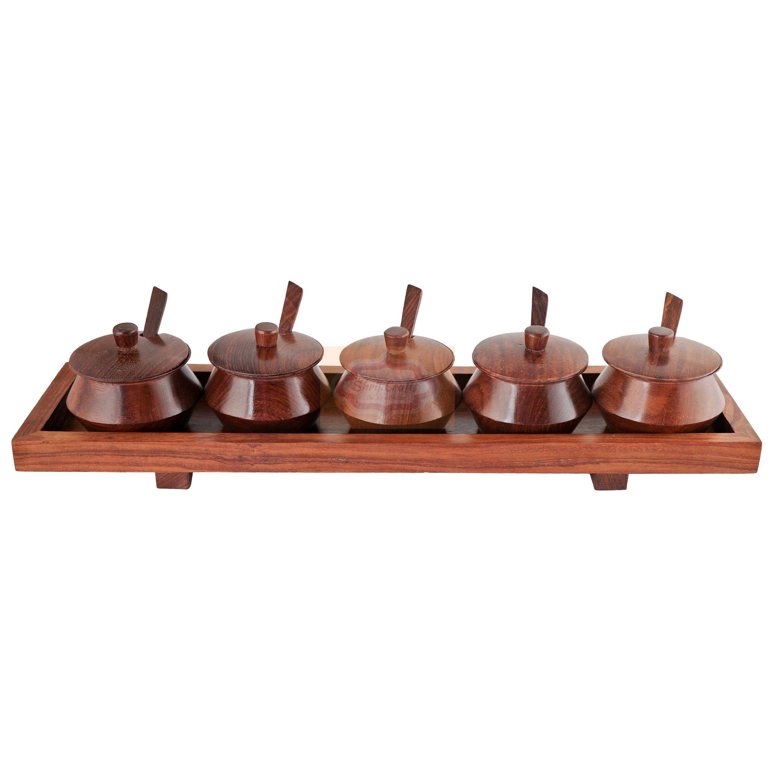 Handcrafted multicolor wooden mukhwas container set with 5 bowls, matching spoons, and a serving tray - View 3