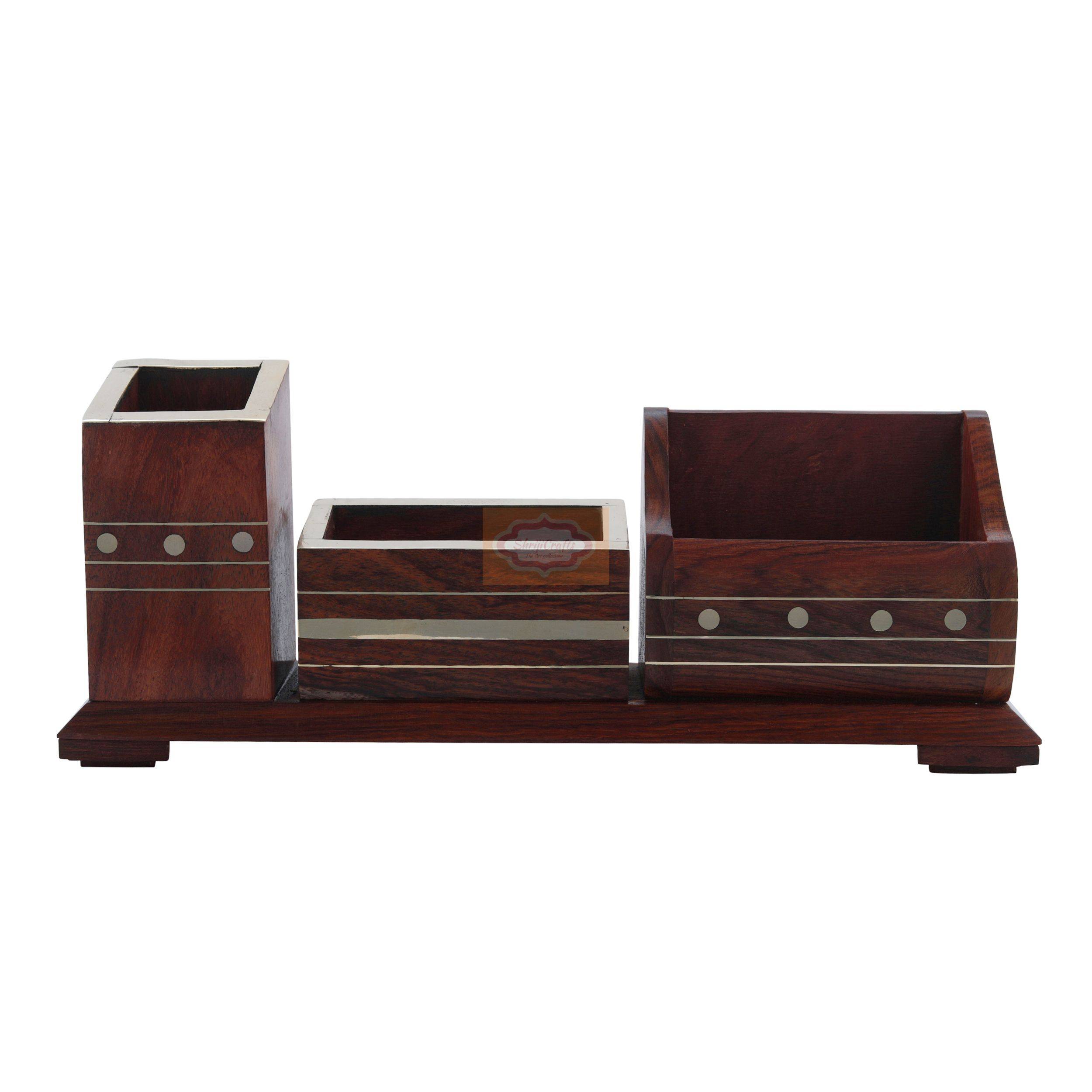 Handcrafted wooden desk organizer with pen holder, mobile stand, and visiting card holder - View 5