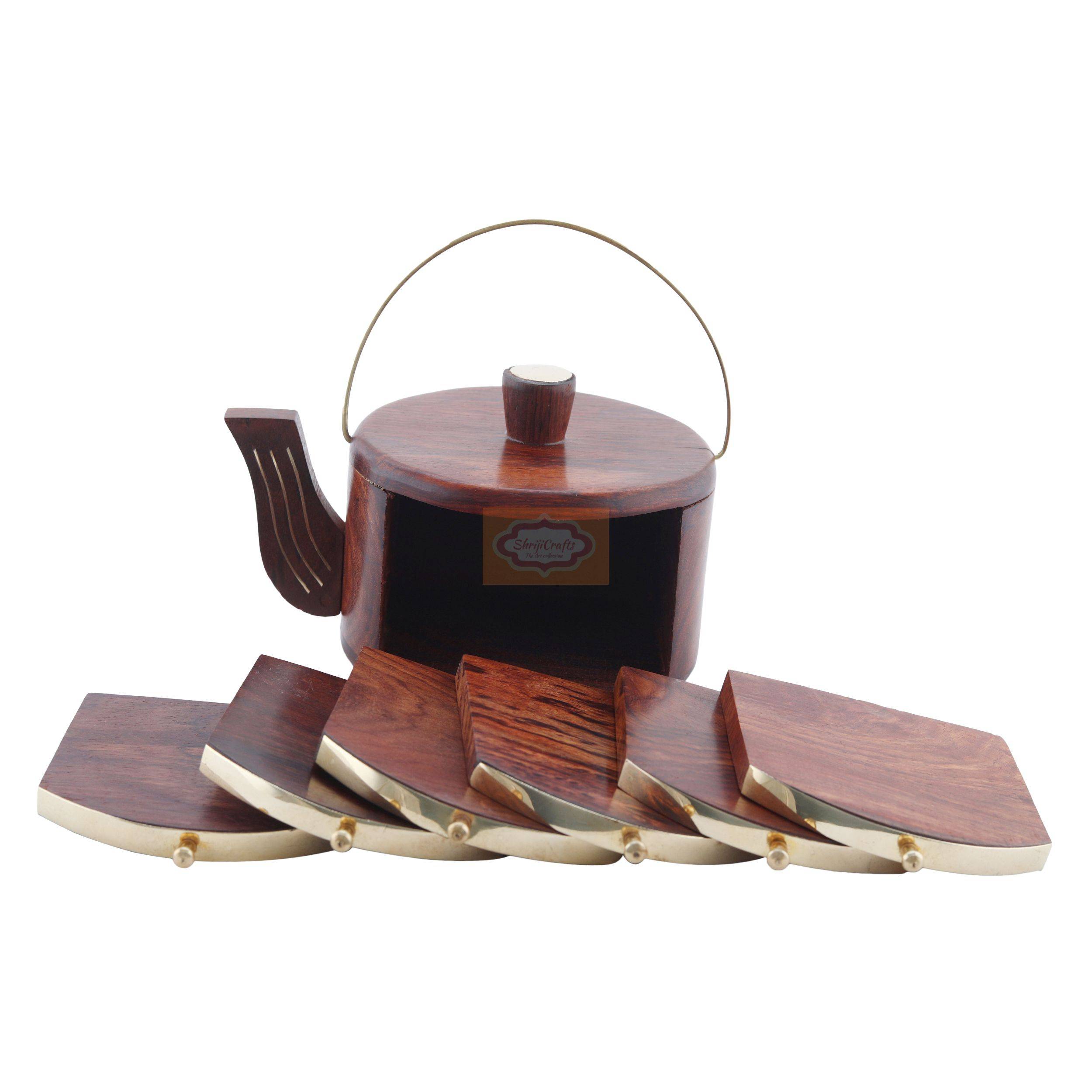 Handcrafted wooden coaster set with a matching holder for stylish table organization - View 2