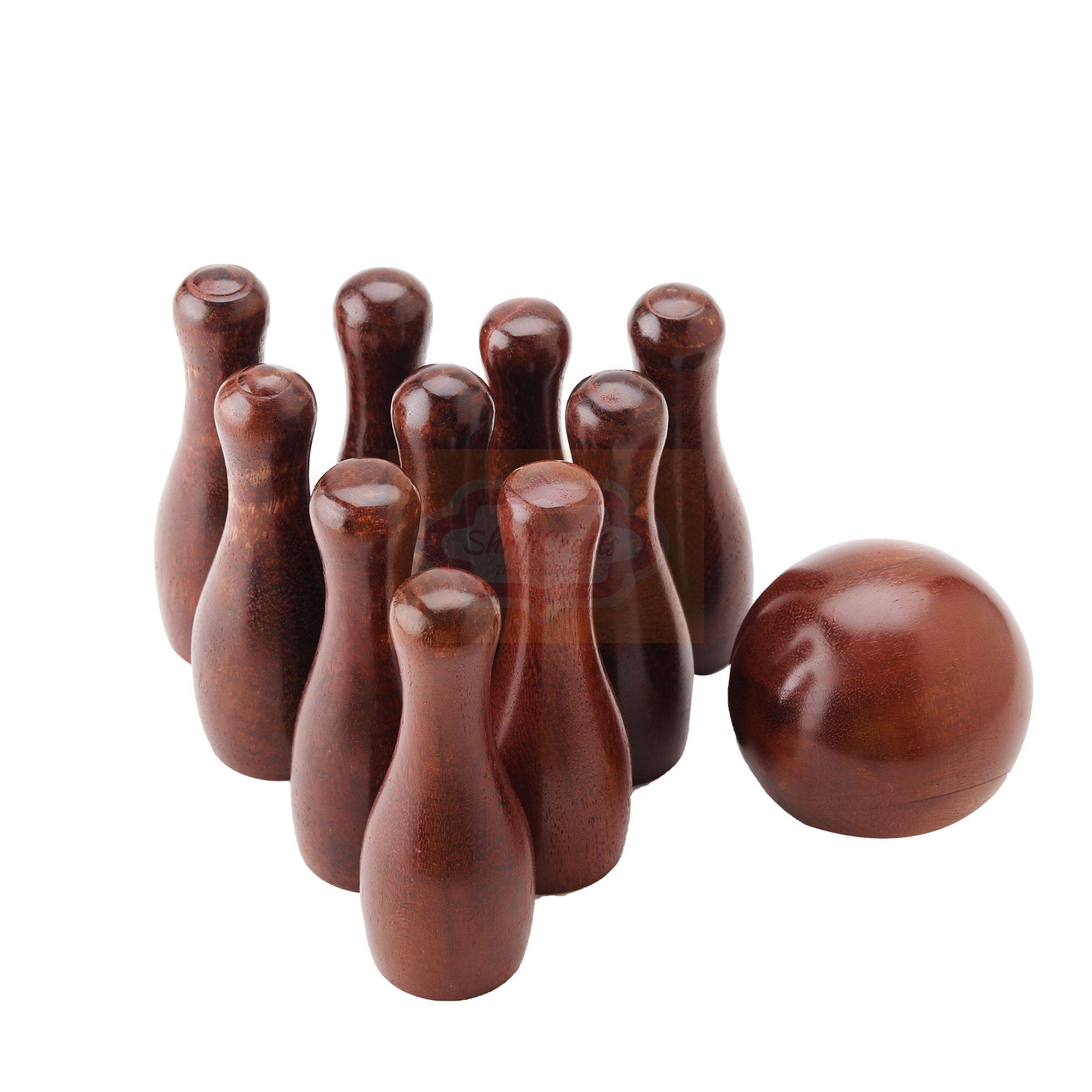 Handcrafted wooden mini bowling game set with a premium glass lid storage box — handcrafted wooden product by Shrijicrafts