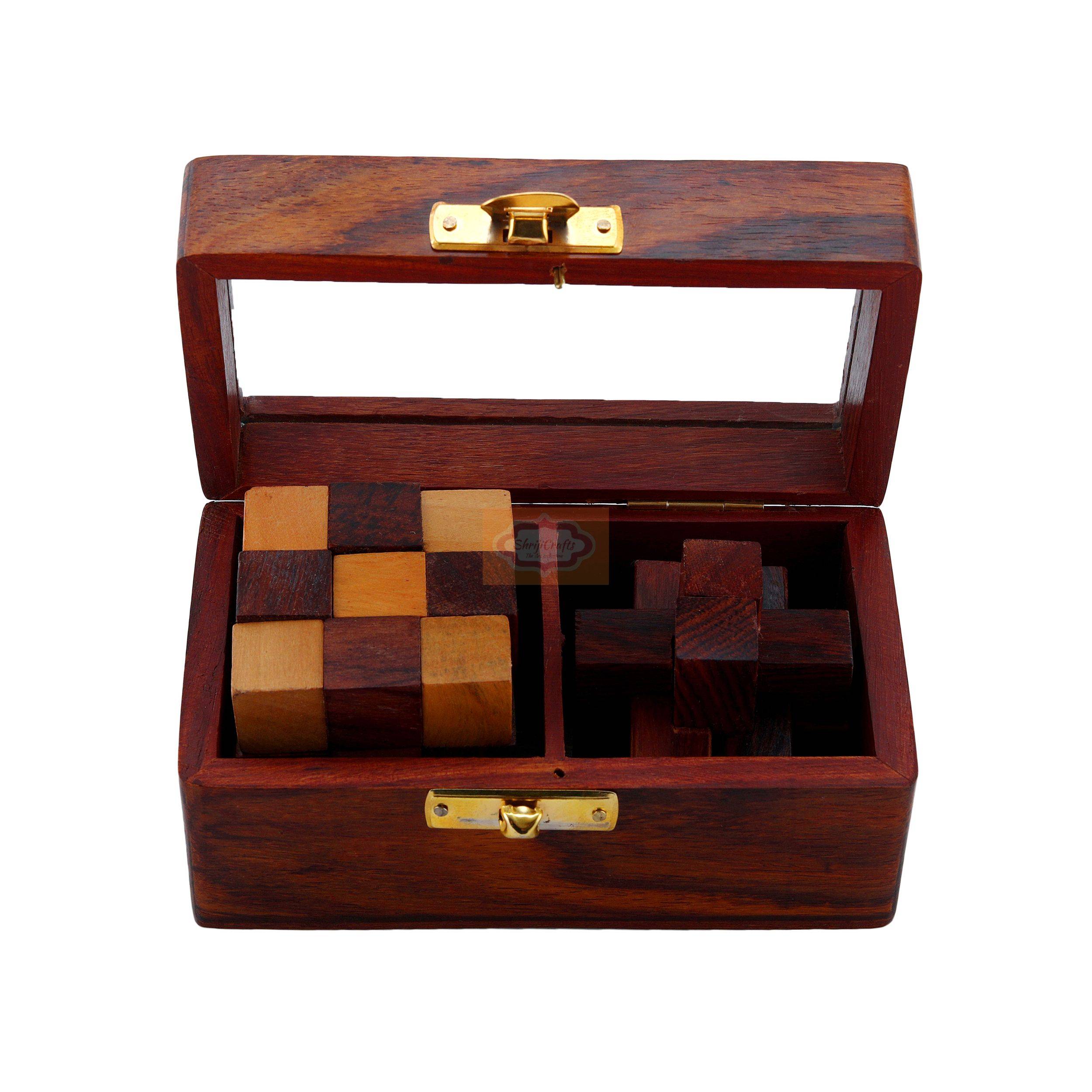 Handcrafted wooden 2-in-1 puzzle set featuring a Snake Cube and Interlocking Burr Puzzle — handcrafted wooden product by Shrijicrafts