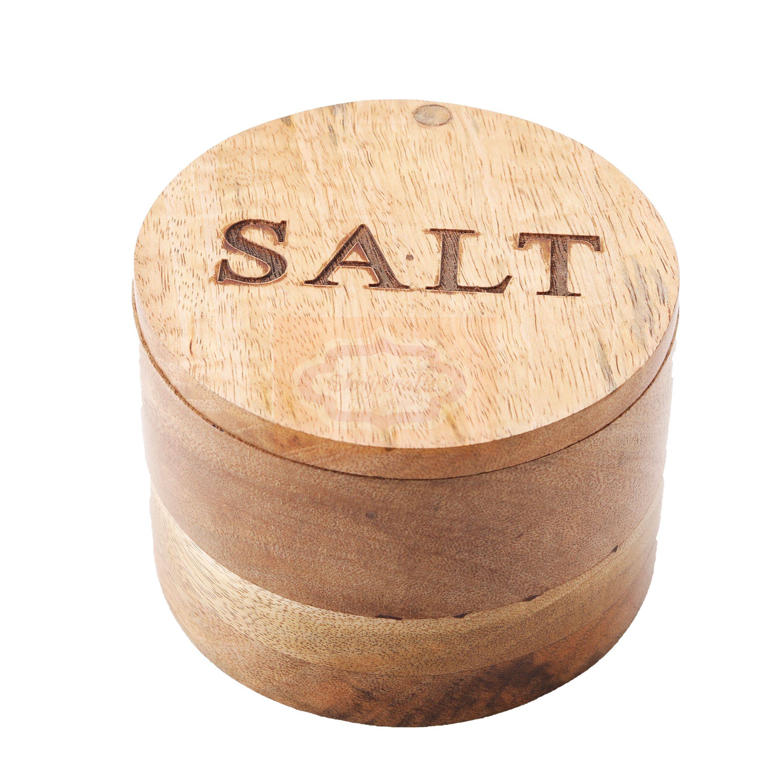Handcrafted wooden salt box with a matching lid and spoon - View 4