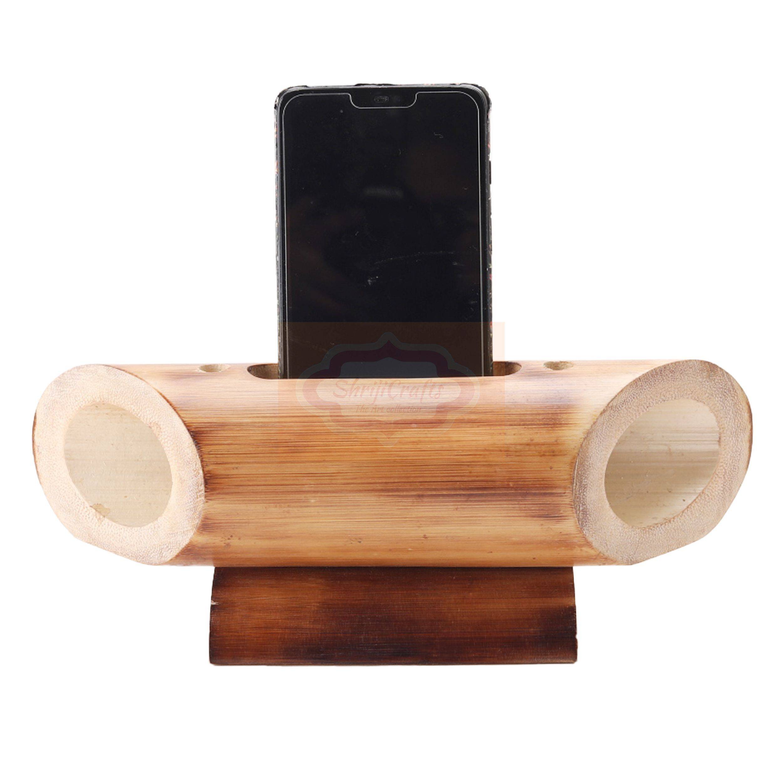 Handcrafted bamboo wooden mobile amplifier that naturally enhances your smartphone’s sound without electricity — handcrafted wooden product by Shrijicrafts