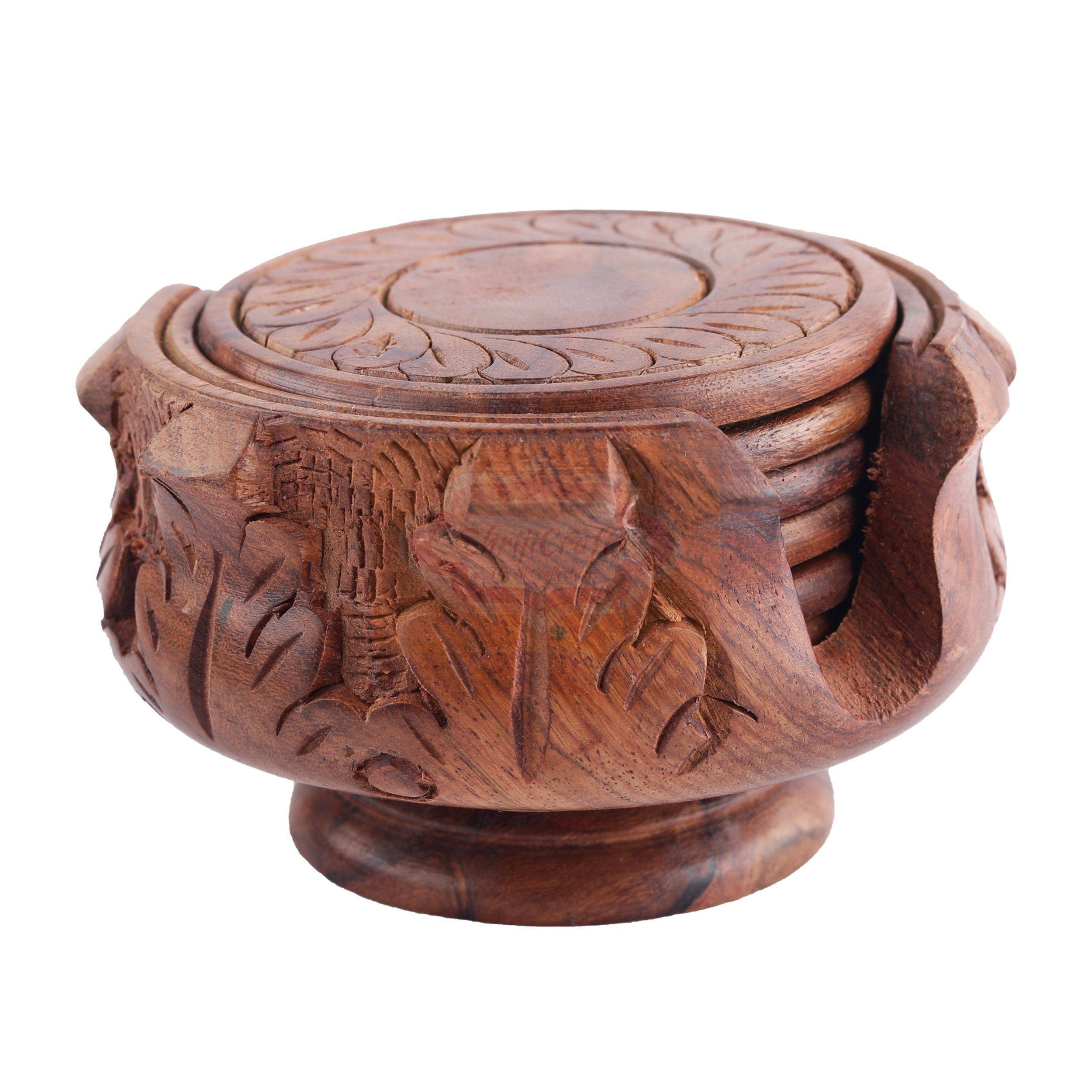 Handcrafted wooden tea coaster set including 6 coasters with a matching storage holder - View 2