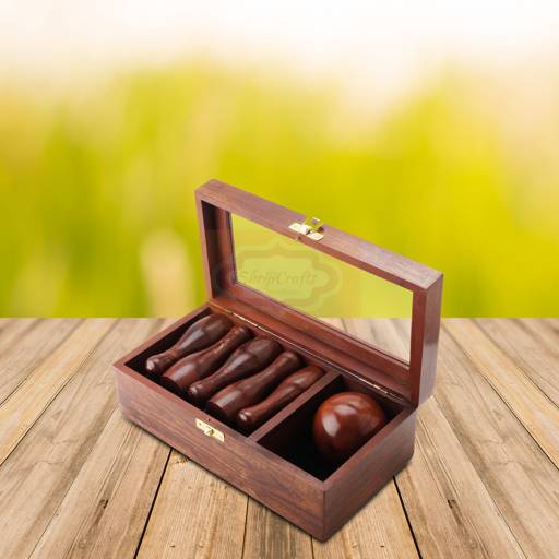 Handcrafted wooden mini bowling game set with a premium glass lid storage box