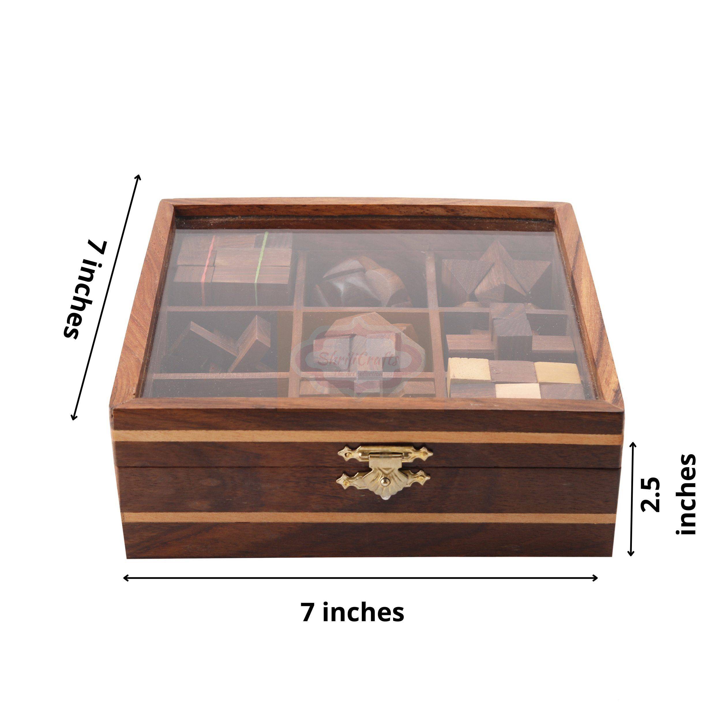 Handcrafted 9-in-1 wooden puzzle set featuring a premium glass lid storage box — handcrafted wooden product by Shrijicrafts