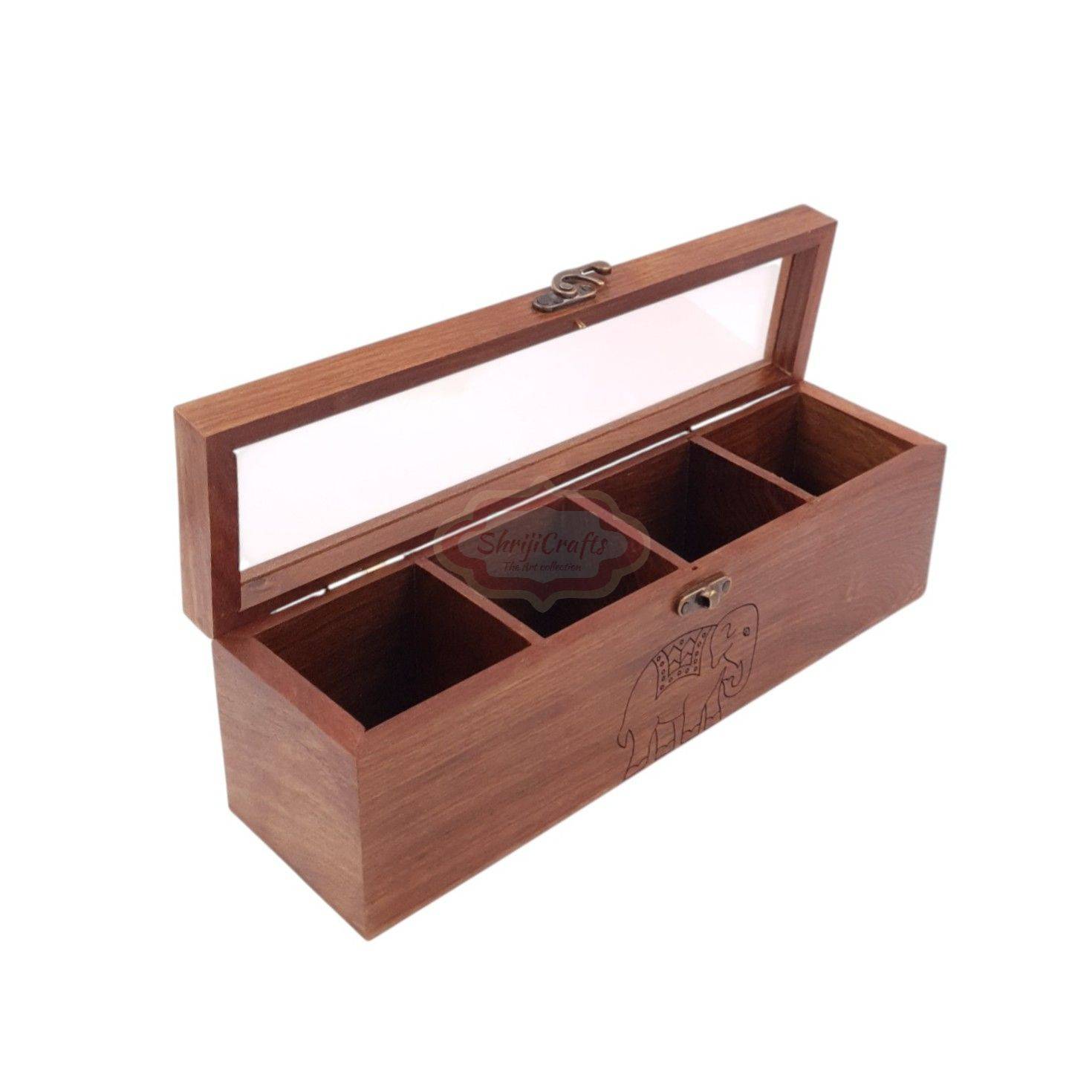 Handcrafted wooden tea bag organizer with 4 spacious compartments and a glass lid - View 3
