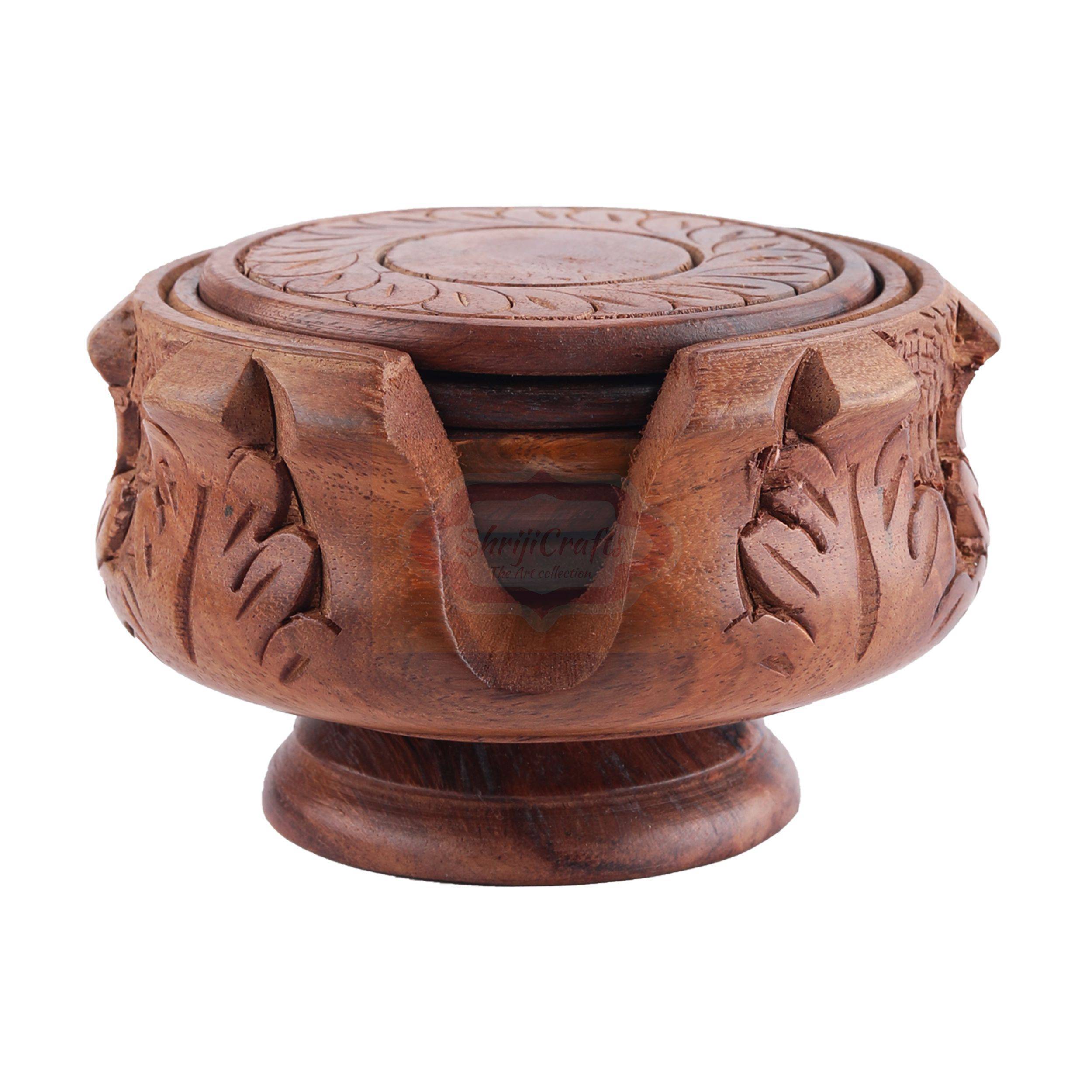 Handcrafted wooden tea coaster set including 6 coasters with a matching storage holder - View 5