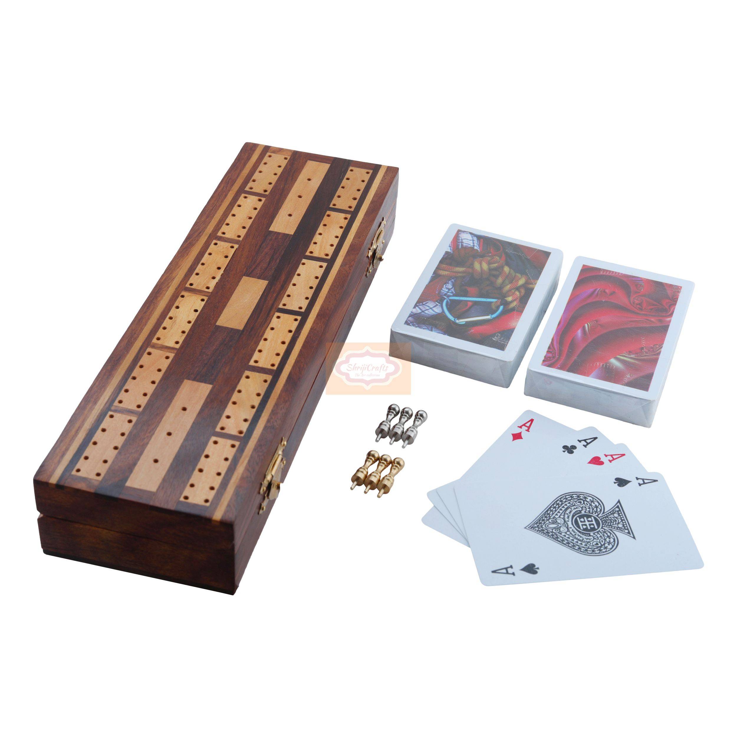 Complete wooden cribbage game set with game board, 6 metal pegs, and 2 decks of playing cards - View 2