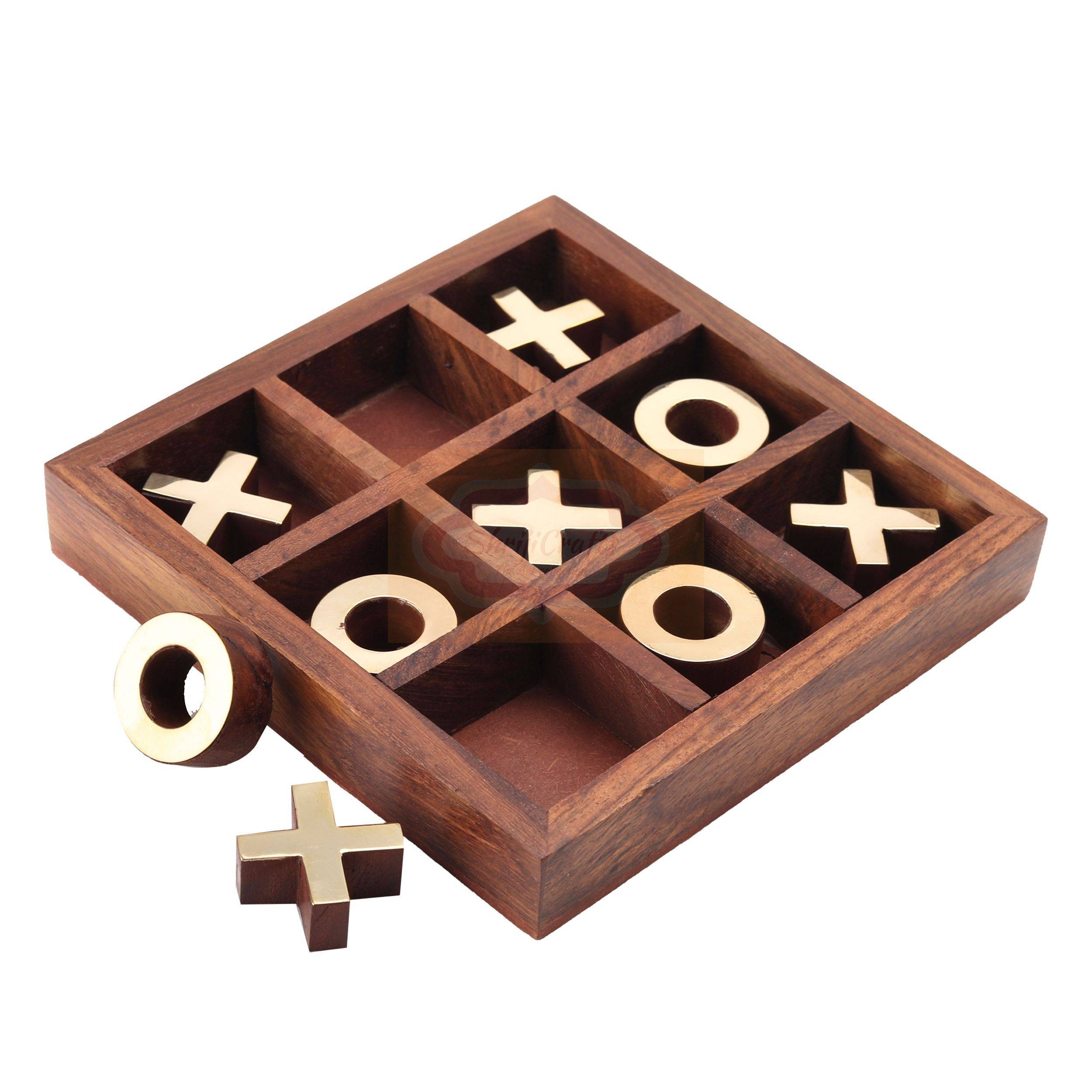  Handcrafted Wooden Tic Tac Toe Game featuring elegant metal X and O playing pieces - View 4