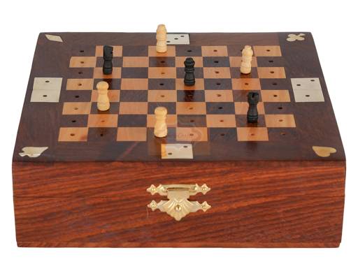 Handcrafted 3-in-1 wooden game set featuring Chess, Dominoes, and Dice in one compact box