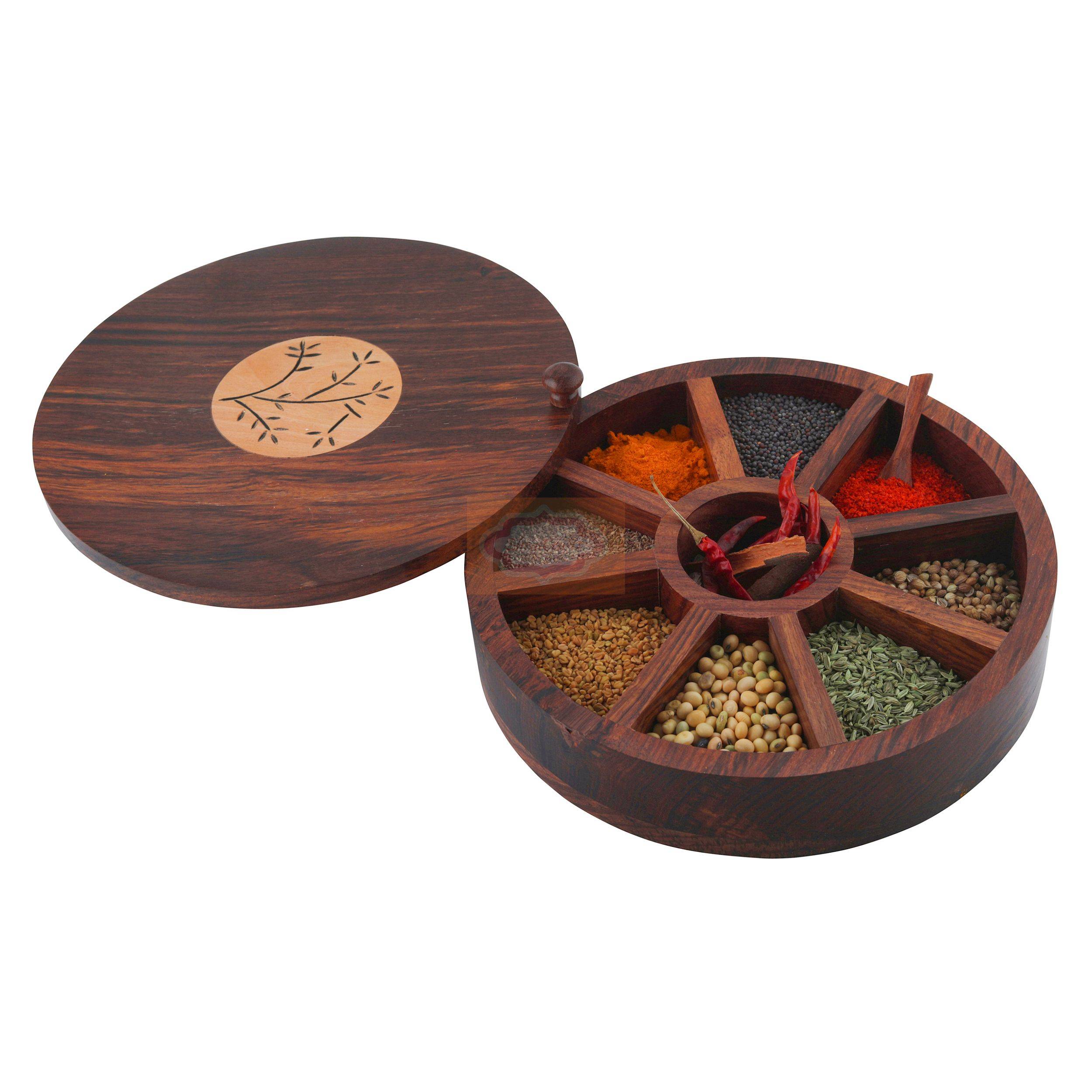 Handcrafted wooden spice box with a convenient rotating lid and multiple compartments - View 3
