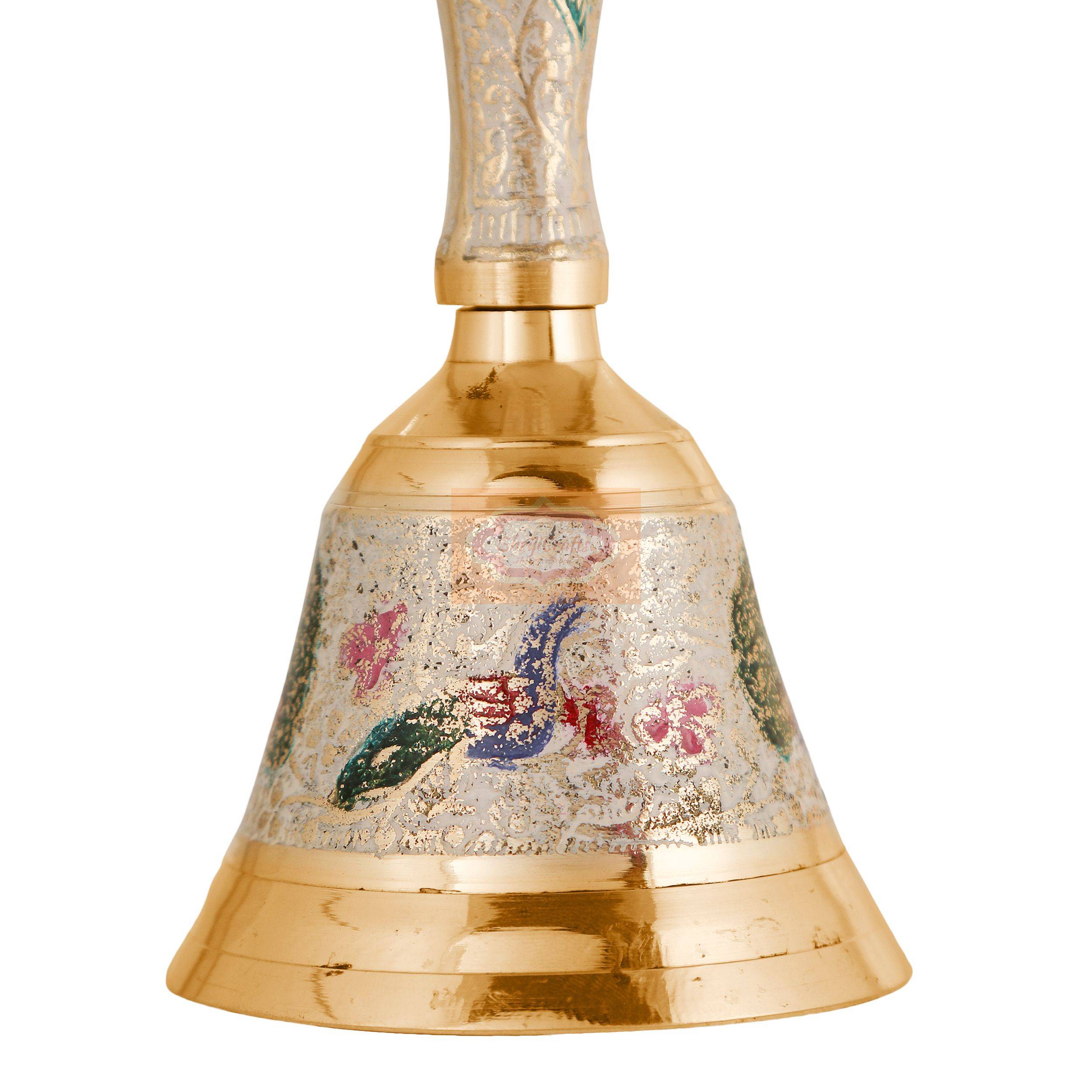Handcrafted Peacock Printed Brass Hand Bell with vibrant decorative artwork - View 2