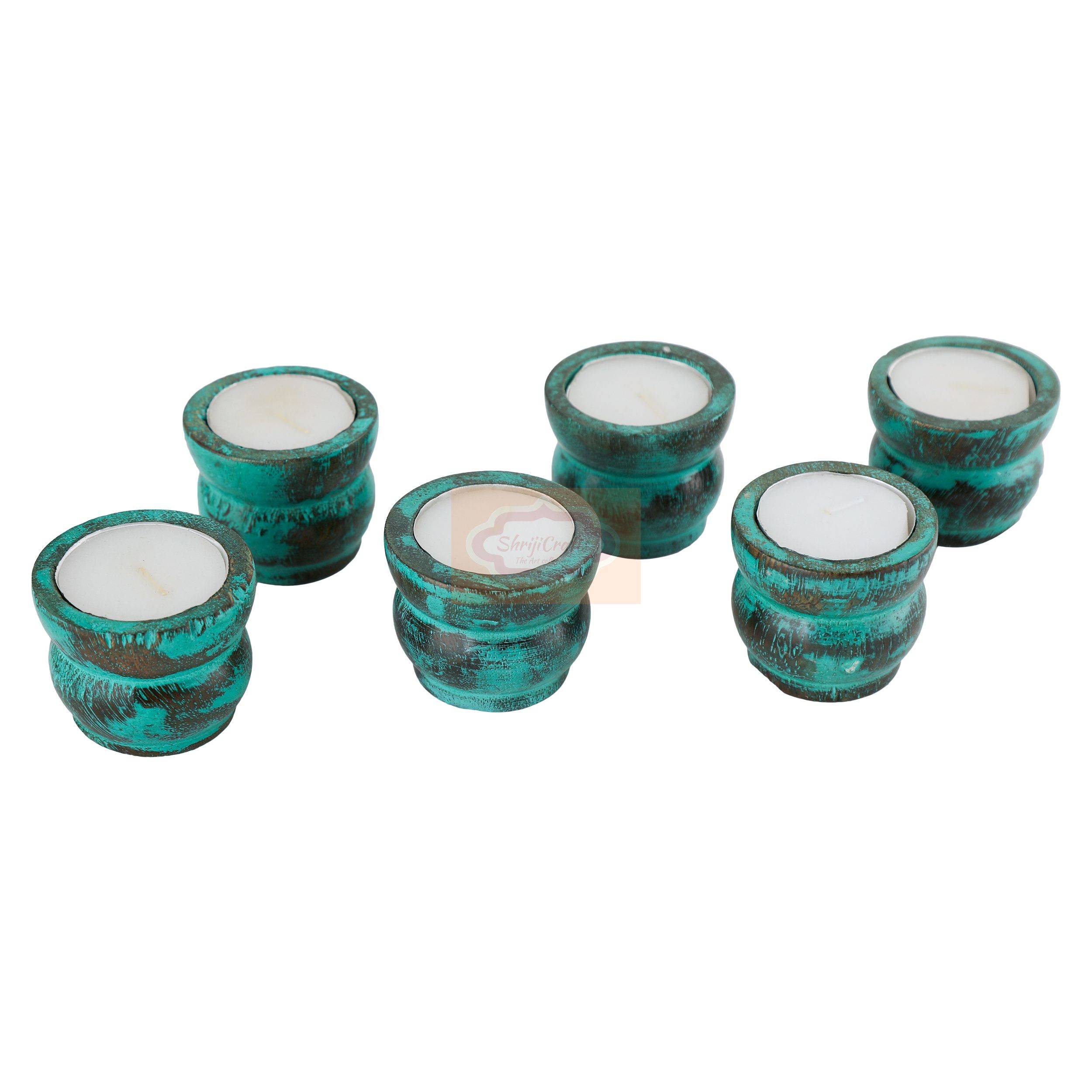 Handcrafted wooden tealight candle holder set of 6 with an elegant decorative finish - View 2