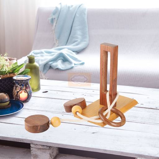 Handcrafted Wooden Rope & Ring Brain Teaser Puzzle for kids and adults