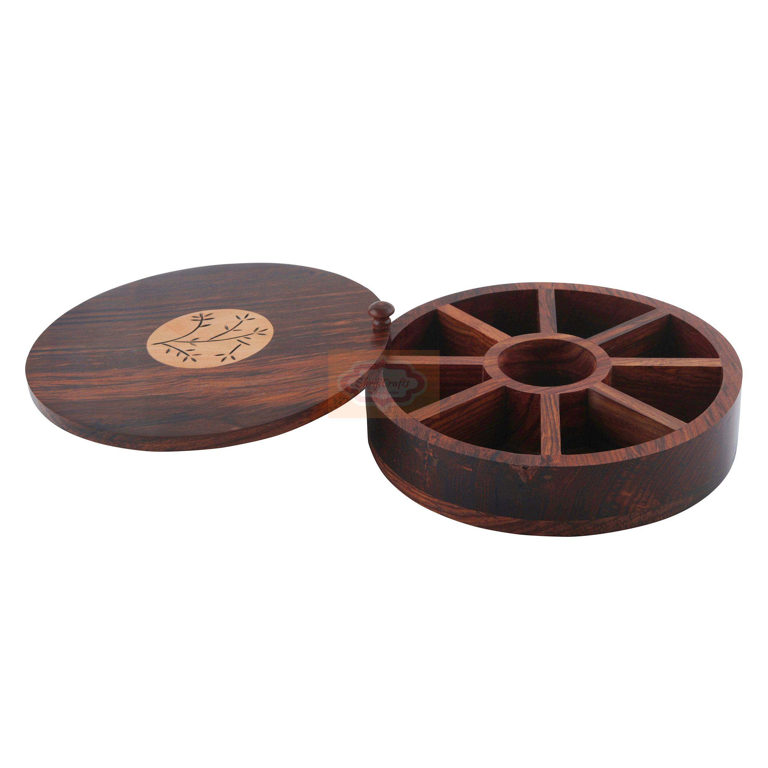Handcrafted wooden spice box with a convenient rotating lid and multiple compartments - View 4
