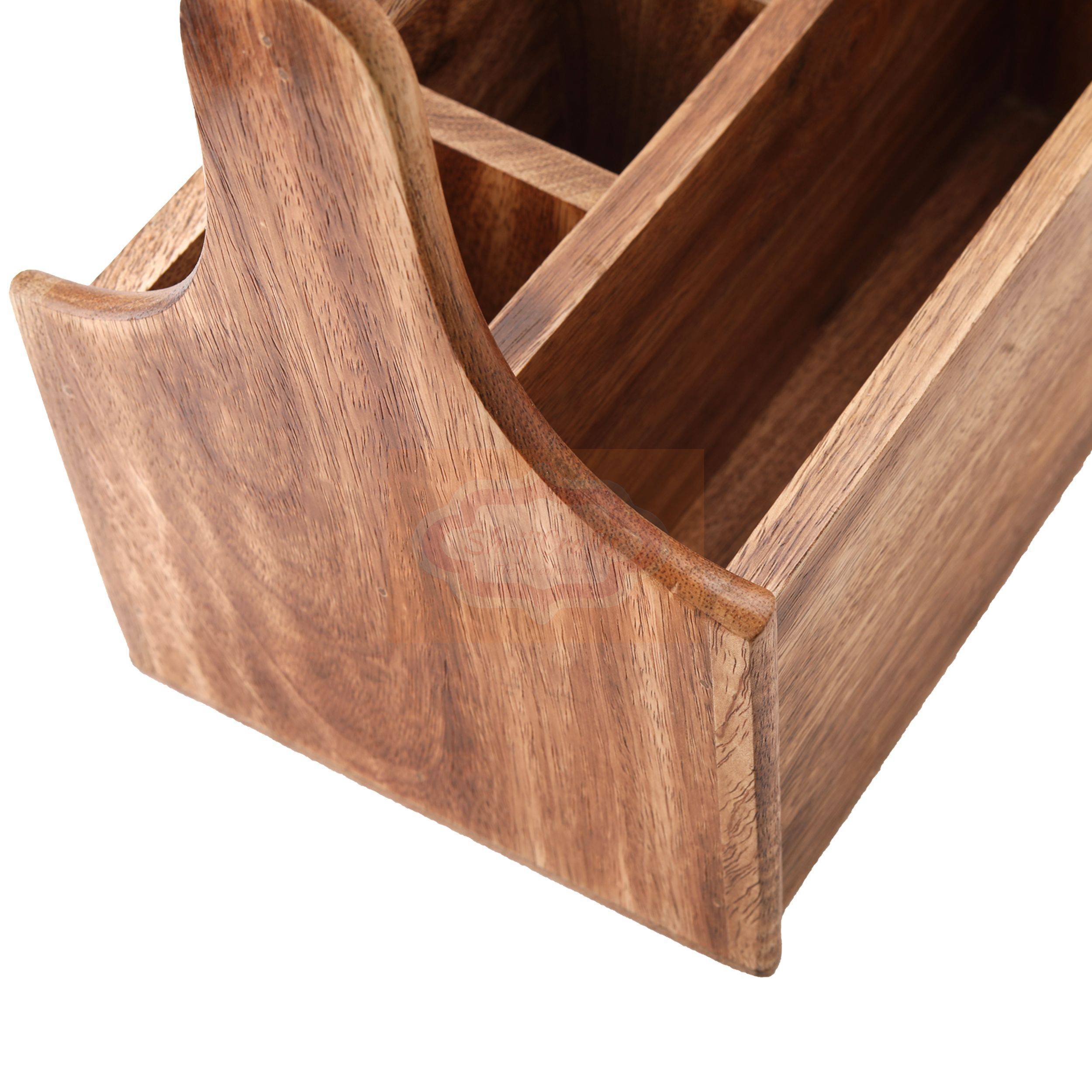 Handcrafted wooden storage basket with a sturdy carrying handle and multiple compartment - View 2