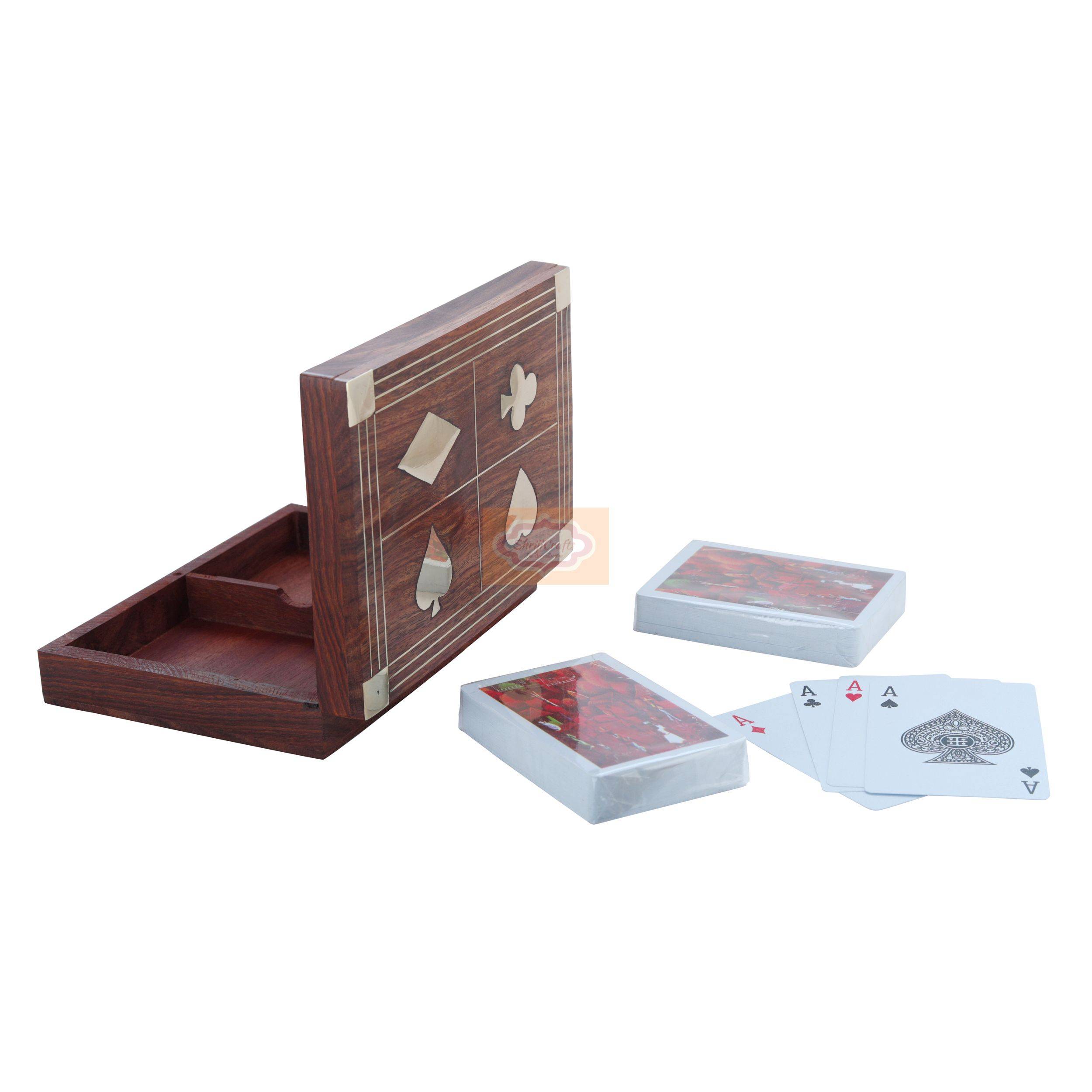 Handcrafted wooden card storage box designed to hold 2 standard decks of playing cards - View 2