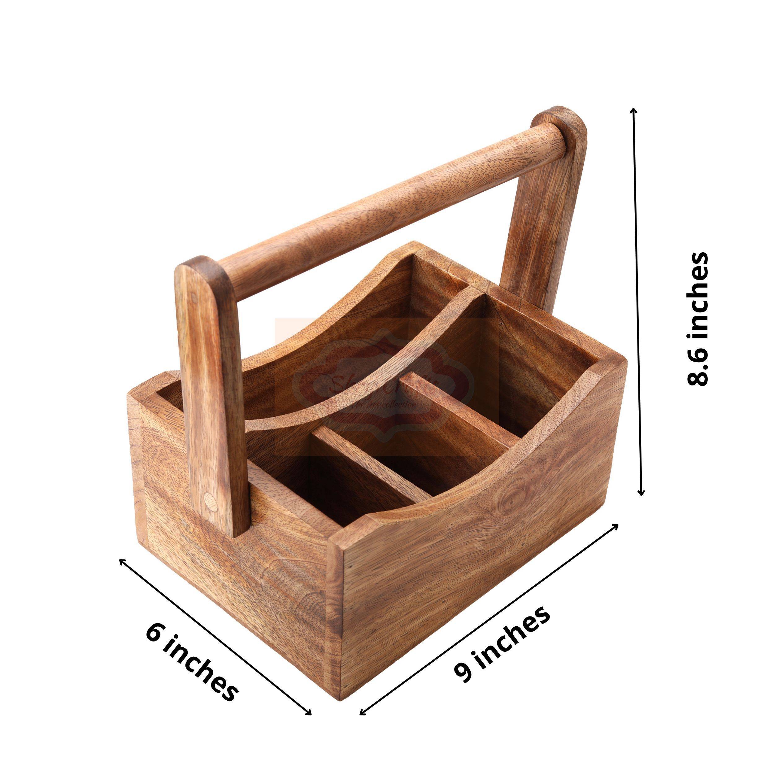 Handcrafted wooden storage basket with a sturdy carrying handle and multiple compartment - View 4