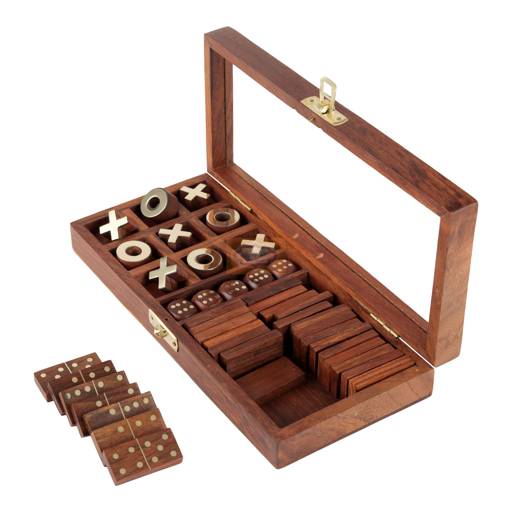 Handcrafted 3-in-1 wooden parlour game set featuring 28 domino tiles, Tic Tac Toe, and a 5-dice game