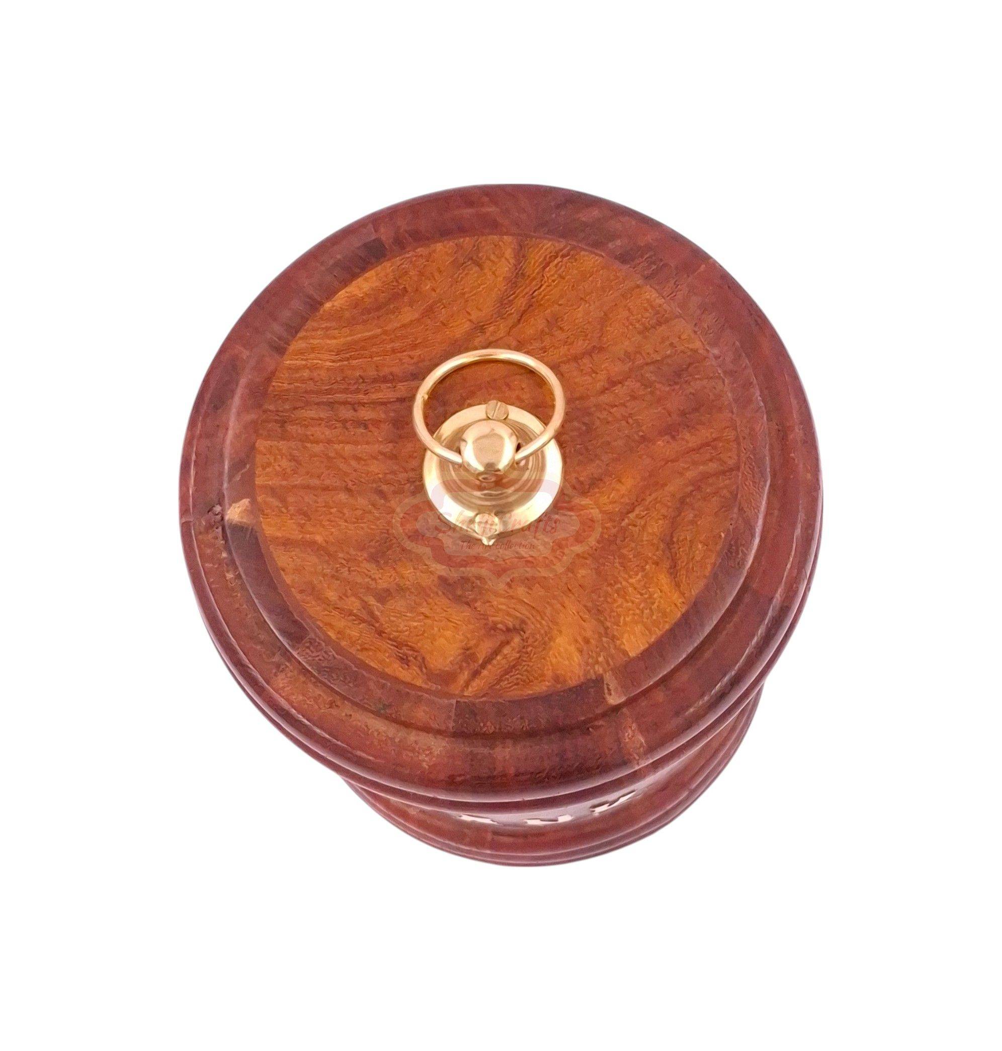 Handcrafted round wooden money bank with a coin slot, secure lock, and key - View 4